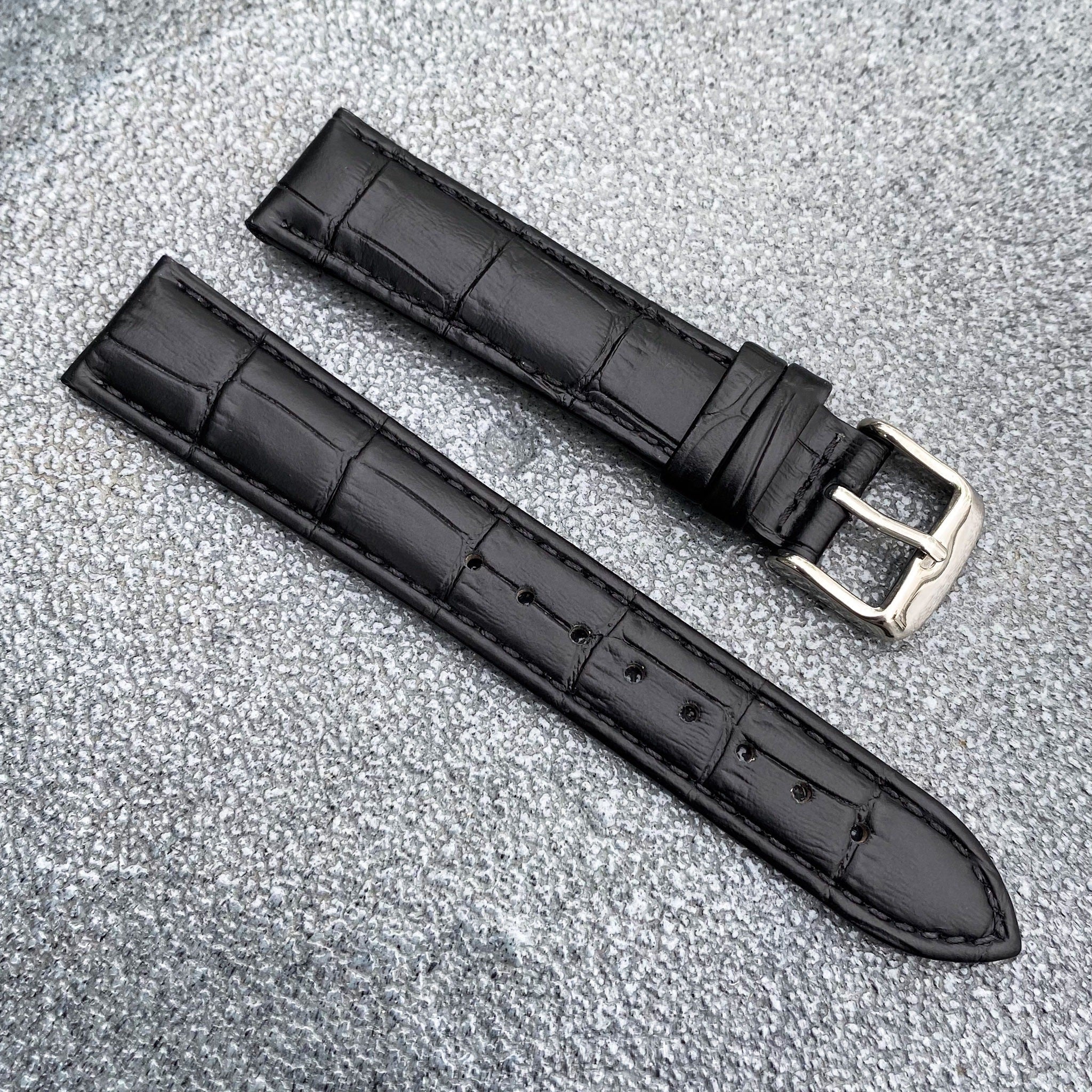 18mm/20mm Black Handcraft Alligator-embossed Italian Cowhide Leather Watch Strap w/Black Stitching - Samurai Vintage Co.