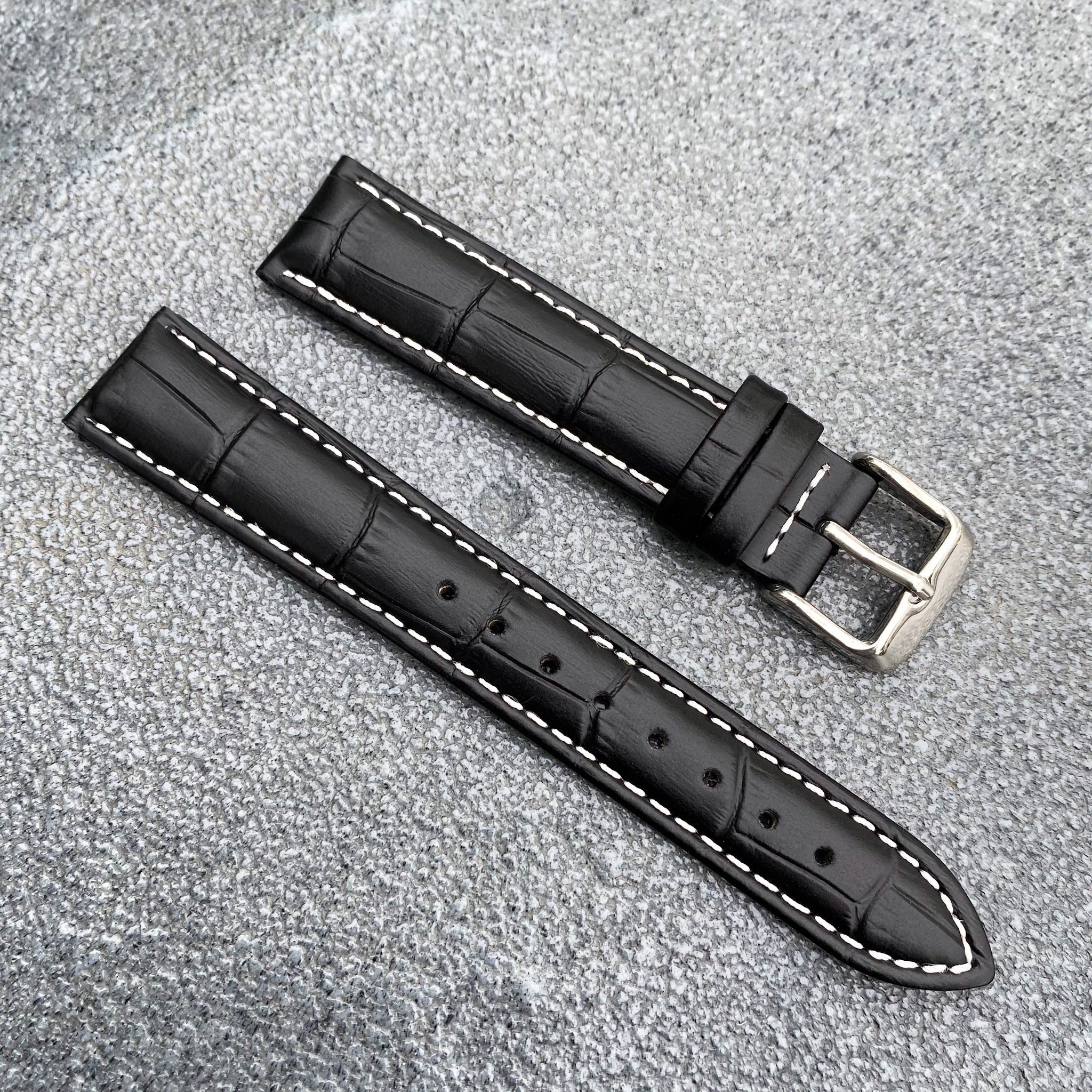 18mm/20mm Black Handcraft Alligator-embossed Italian Cowhide Leather Watch Strap w/White Stitching - Samurai Vintage Co.