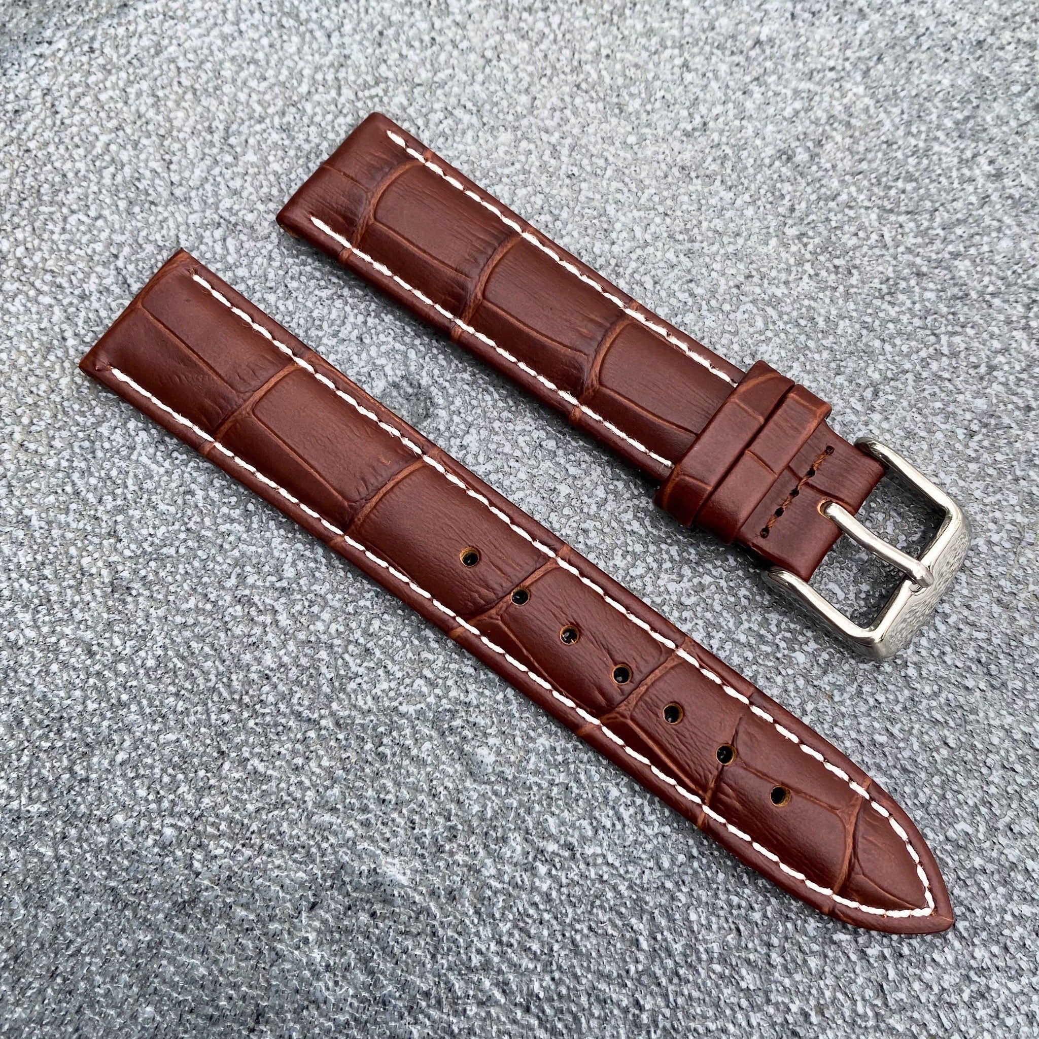 18mm/20mm Brown Handcraft Alligator-embossed Italian Cowhide Leather Watch Strap w/White Stitching - Samurai Vintage Co.