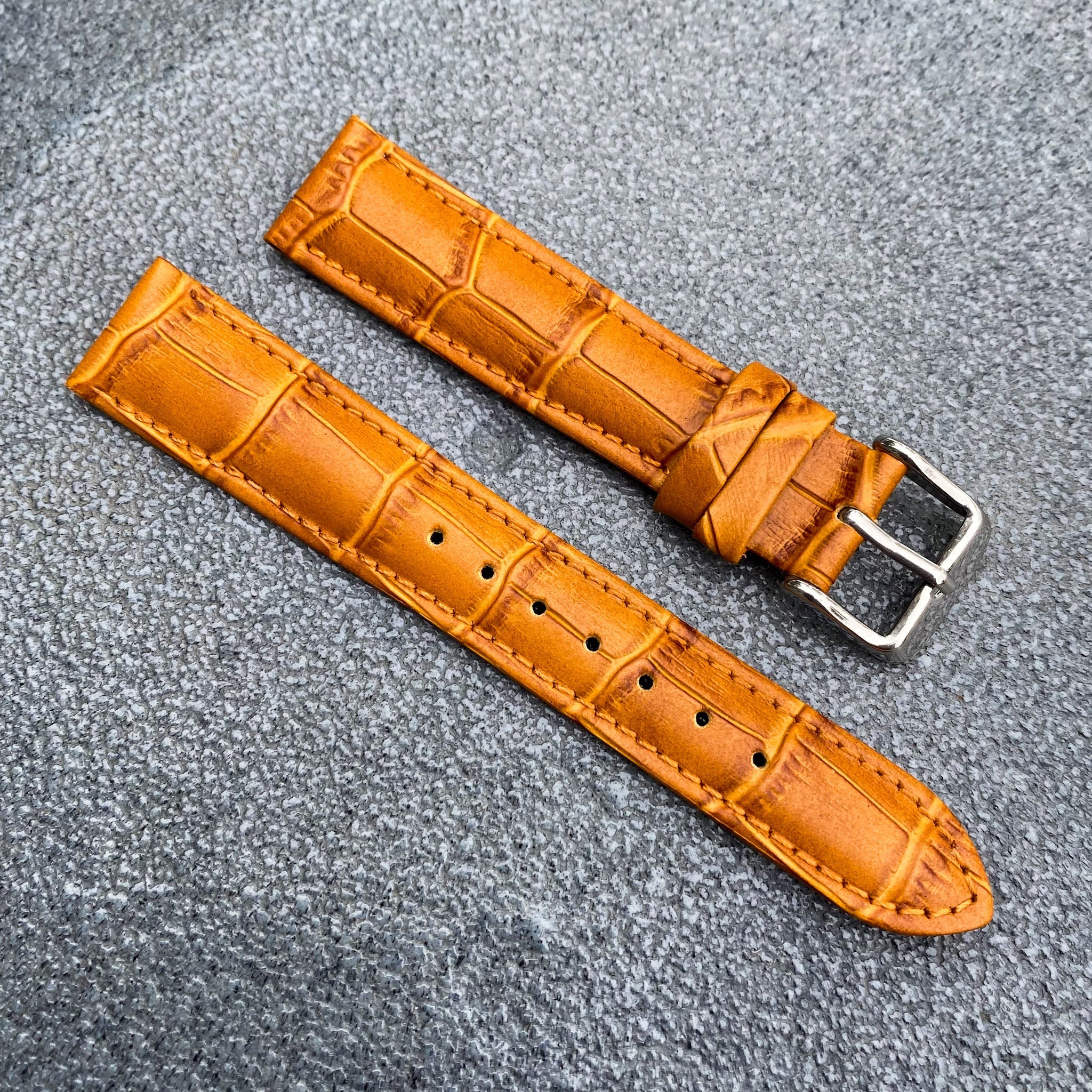 18mm/20mm Orange Handcraft Alligator-embossed Italian Cowhide Leather Watch Strap w/Orange Stitching - Samurai Vintage Co.