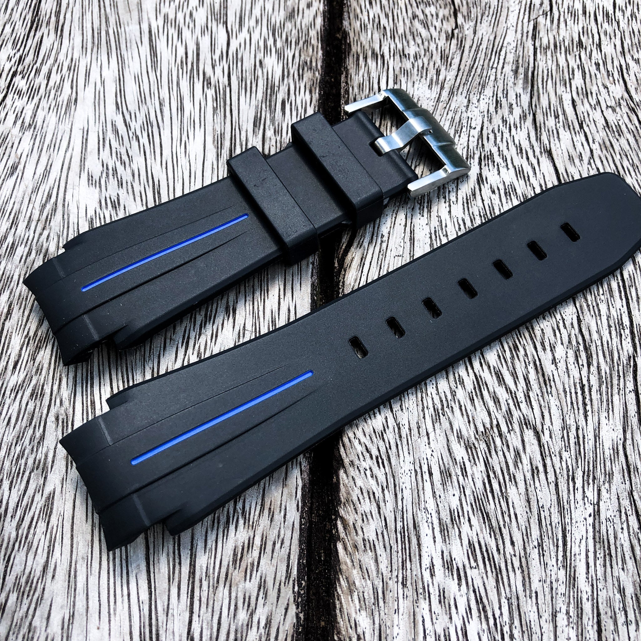 Aqua Series | Black with Blue Line Rubber Watch Strap For Rolex Deepsea with Curved End - Samurai Vintage Co.