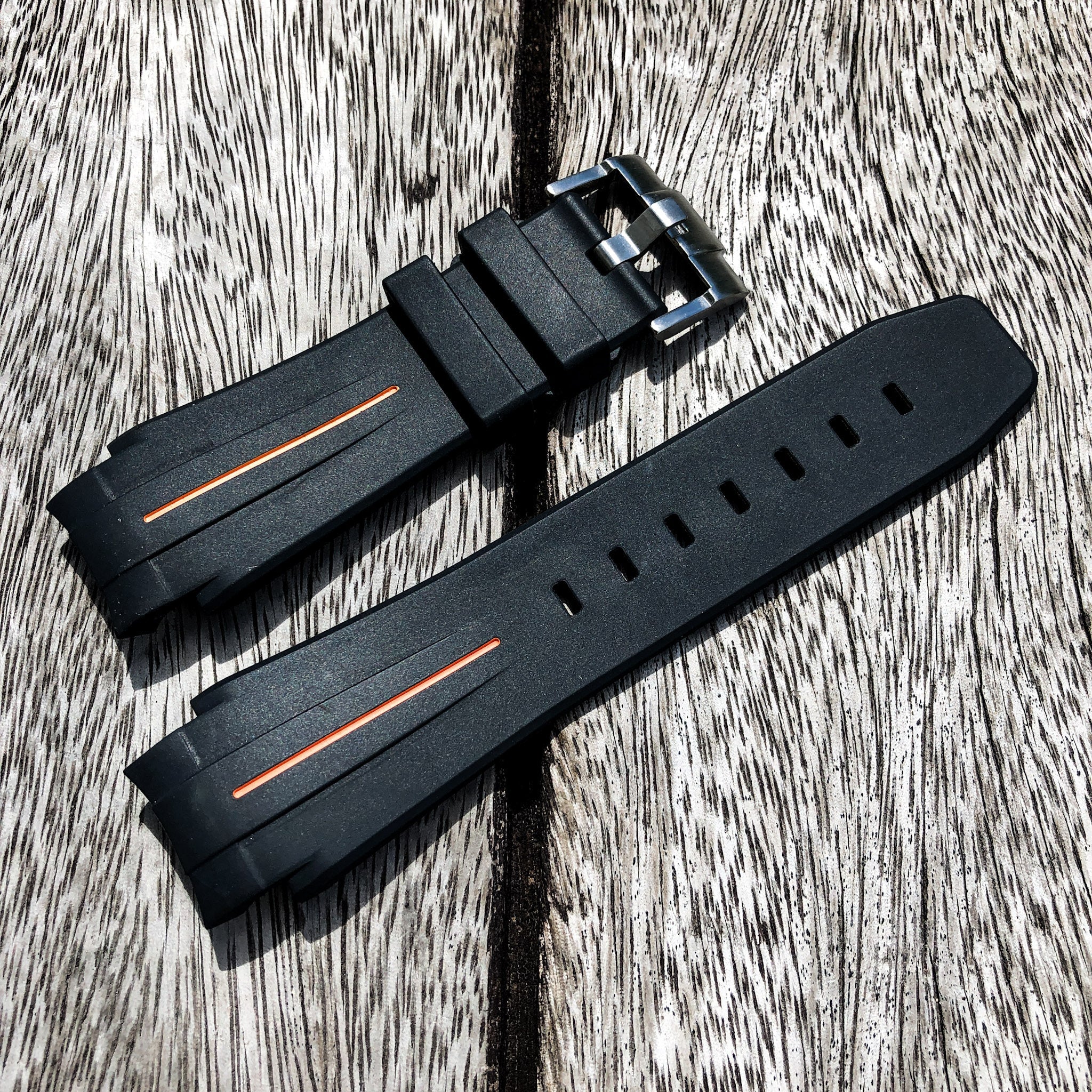 Aqua Series | Black with Orange Line Rubber Watch Strap For Rolex Deepsea with Curved End - Samurai Vintage Co.