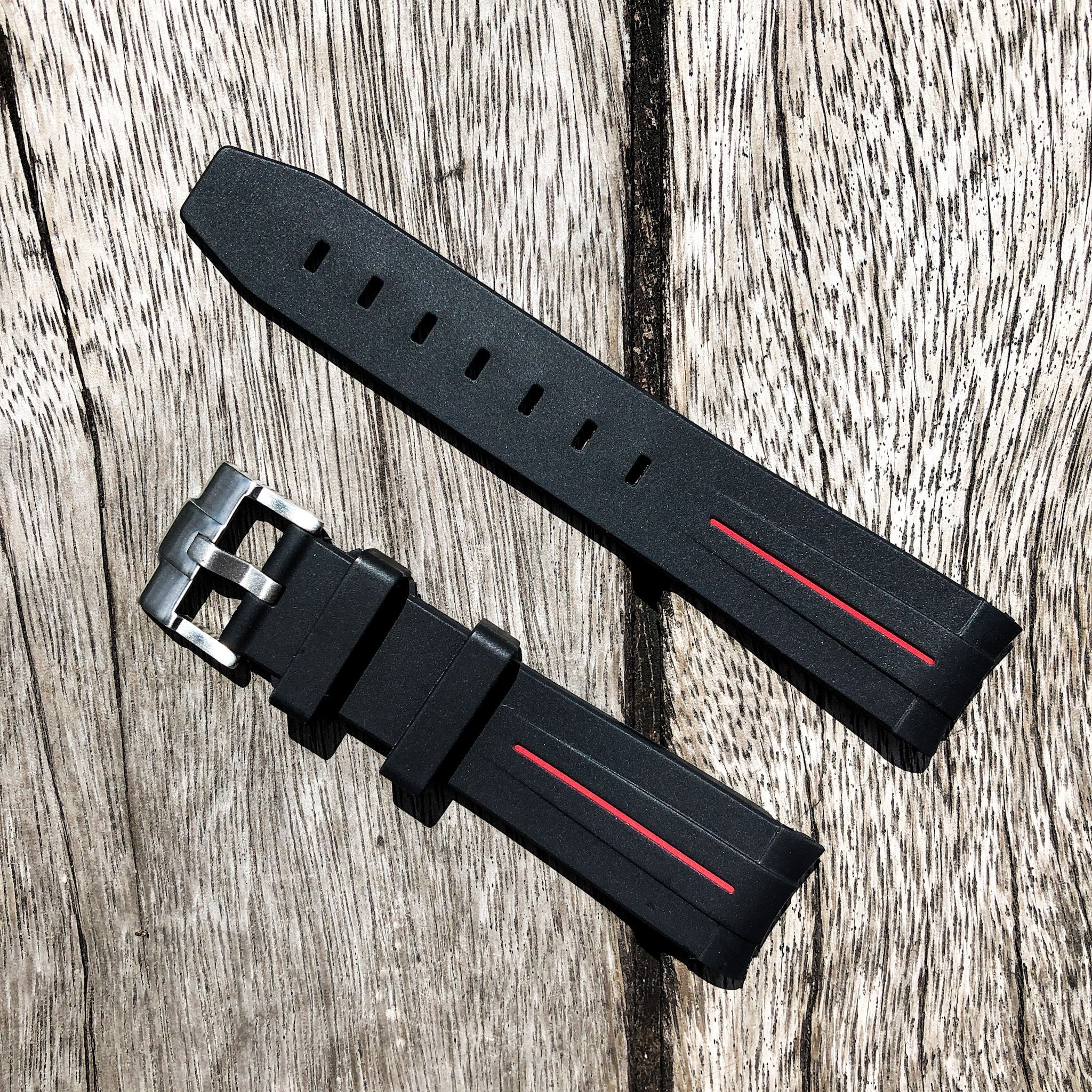 Aqua Series | Black with Red Line Rubber Watch Strap For Rolex with Curved End - Samurai Vintage Co.