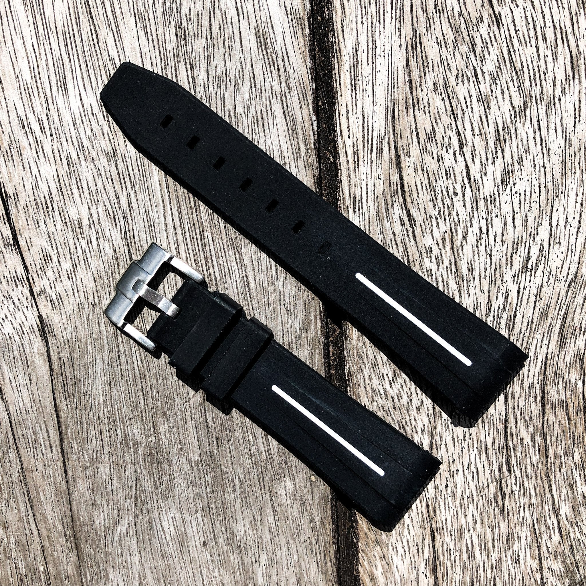 Aqua Series | Black with White Line Rubber Watch Strap For Rolex with Curved End - Samurai Vintage Co.