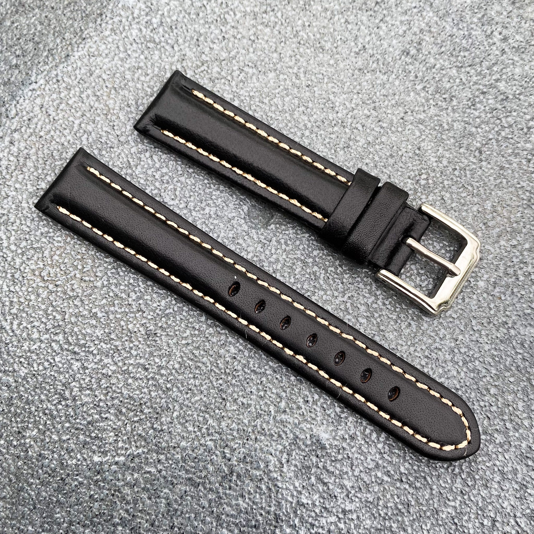 (Kyoto Series) 18mm/20mm/22mm Black Handcraft French Calfskin Leather Watch Strap w/White Stitching - Samurai Vintage Co.