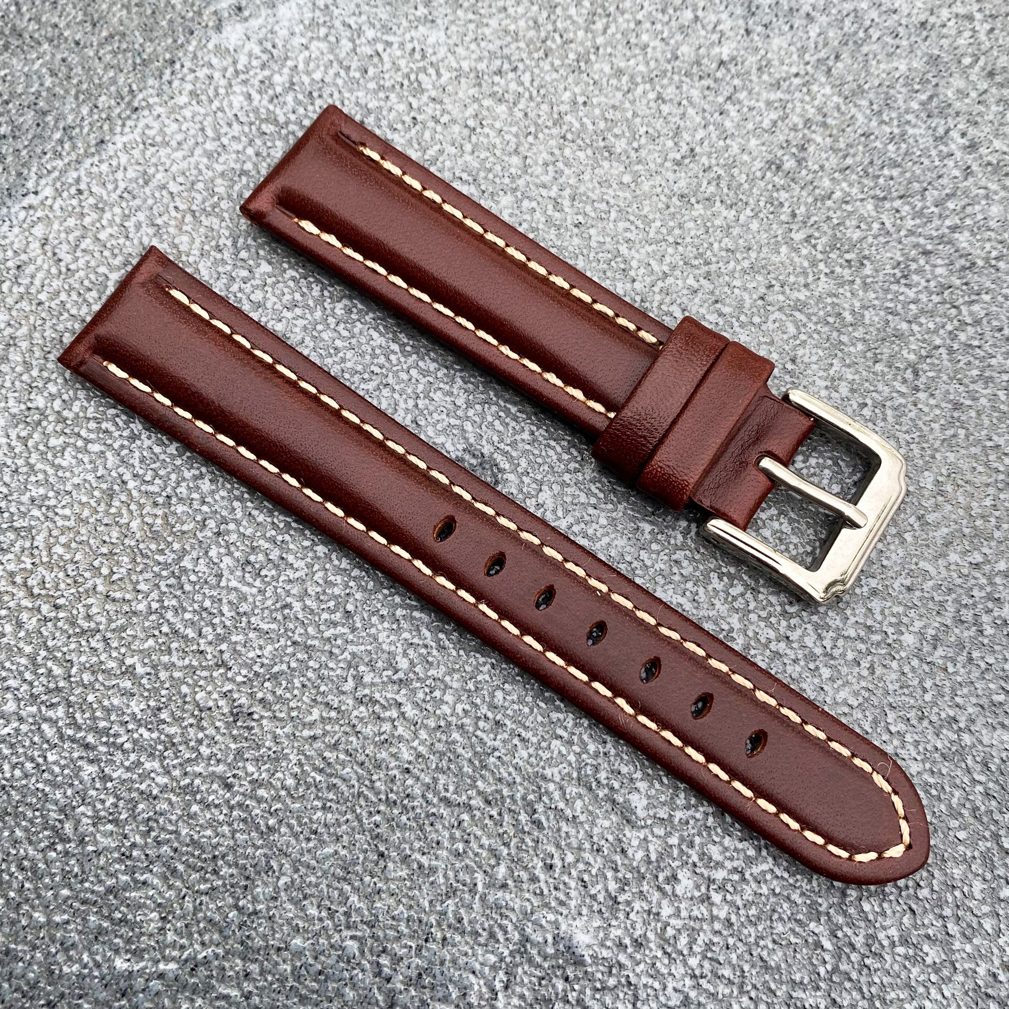 (Kyoto Series) 18mm/20mm/22mm Brown Handcraft French Calfskin Leather Watch Strap w/White Stitching - Samurai Vintage Co.