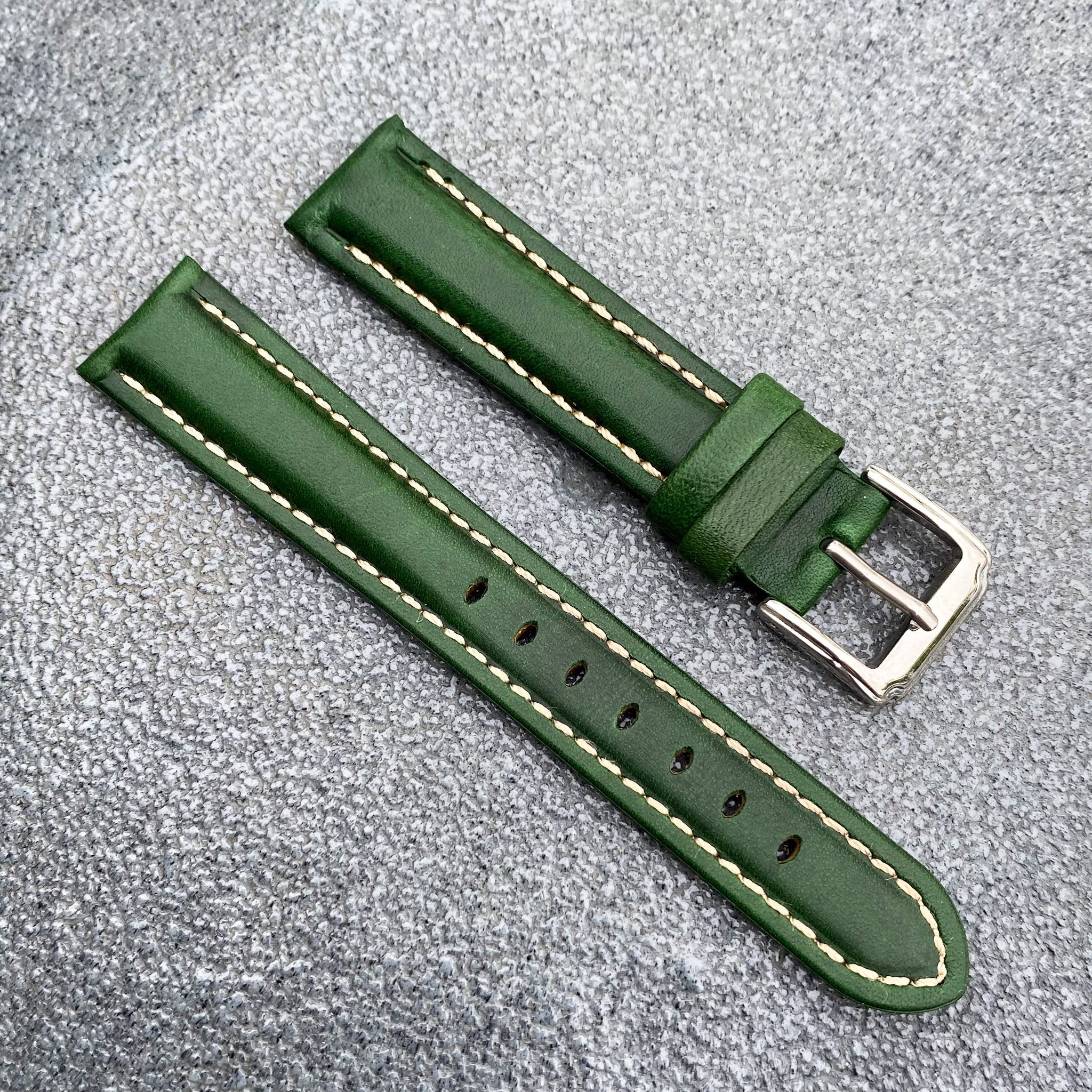 (Kyoto Series) 18mm/20mm/22mm Green Handcraft French Calfskin Leather Watch Strap w/White Stitching - Samurai Vintage Co.