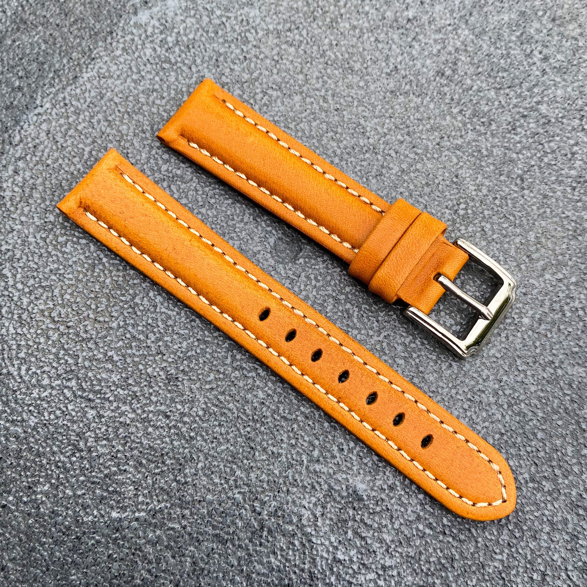 (Kyoto Series) 18mm/20mm/22mm Orange Handcraft French Calfskin Leather Watch Strap w/White Stitching - Samurai Vintage Co.