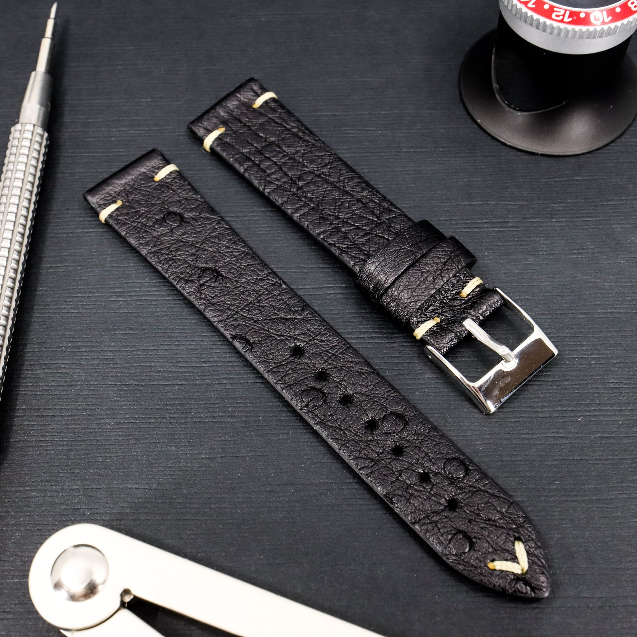 Mid Night Black | 18mm & 20mm Ostrich Leather Watch Strap - Samurai Vintage Co.