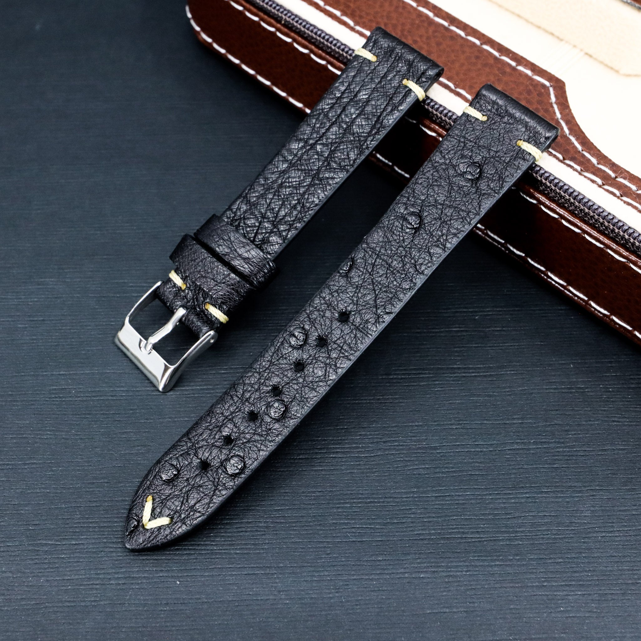 Mid Night Black | 18mm & 20mm Ostrich Leather Watch Strap - Samurai Vintage Co.