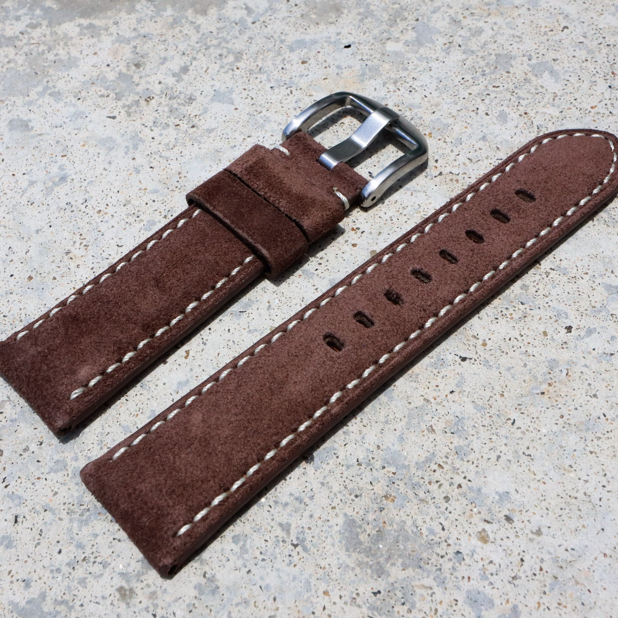 Mocha Brown Suede w/ White Stitches | Calfskin Italian Leather Watch Strap - Samurai Vintage Co.