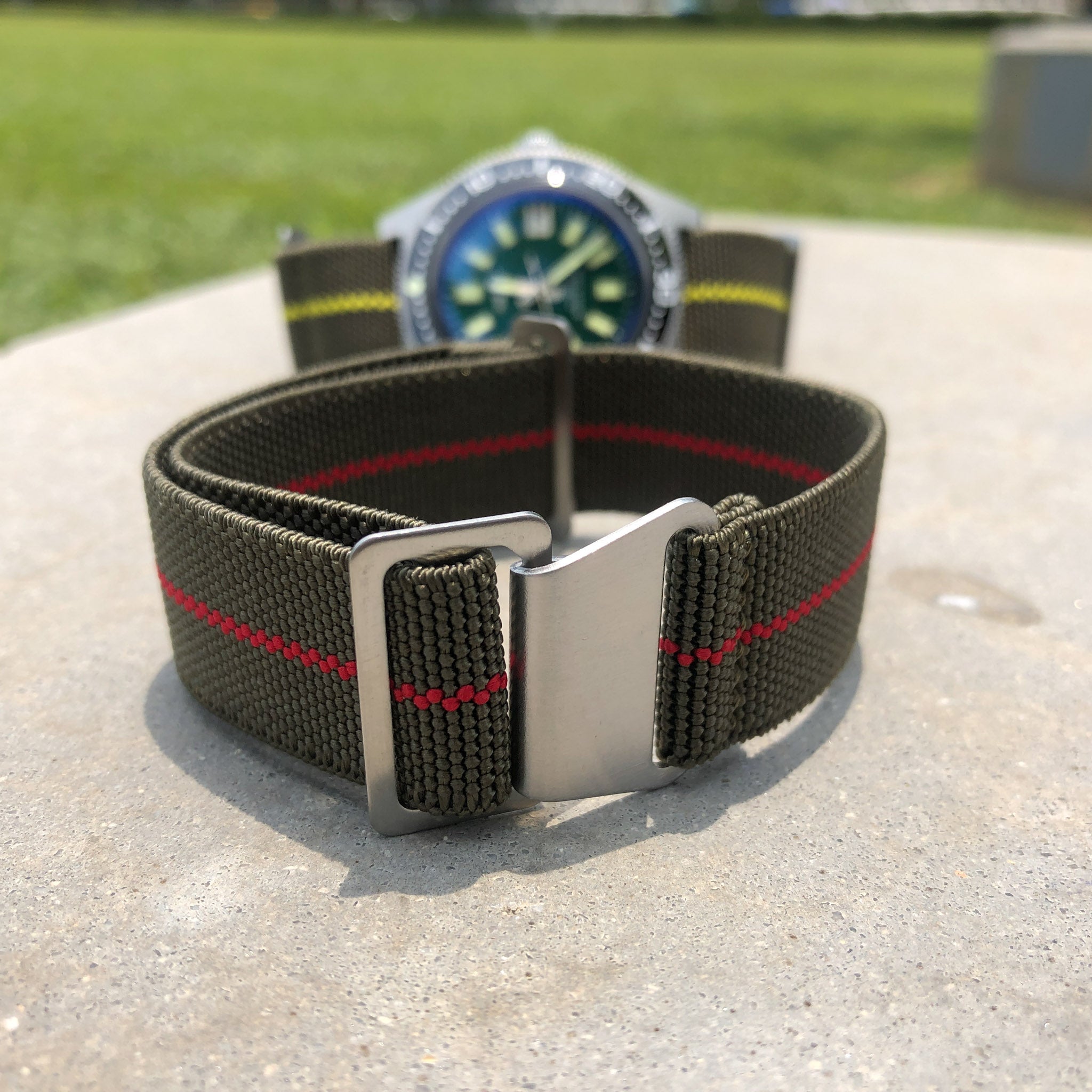Olive Green with Red Line | French Navy Parachute Strap - Samurai Vintage Co.