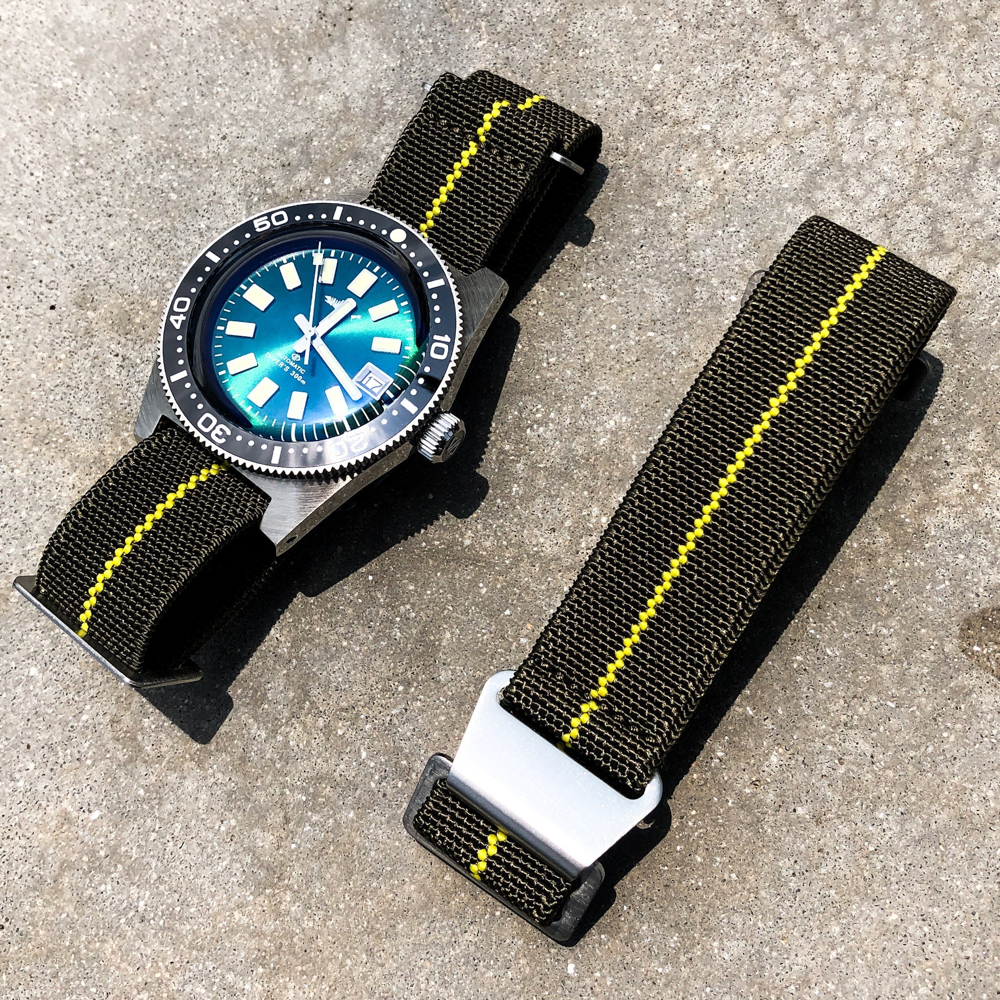 Olive Green with Yellow Line | French Navy Parachute Strap - Samurai Vintage Co.