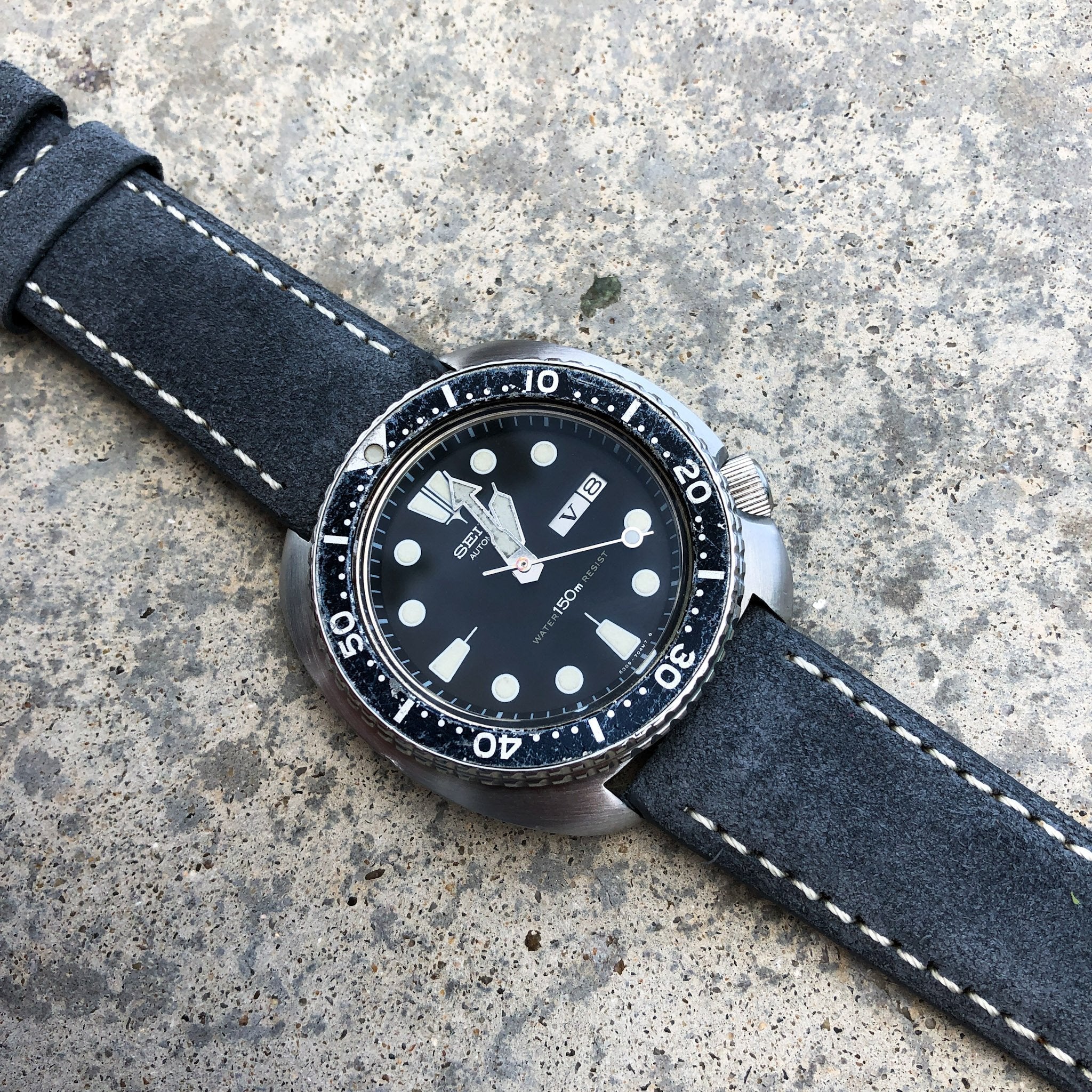 Shuttle Grey Suede w/ White Stitches | Calfskin Italian Leather Watch Strap - Samurai Vintage Co.