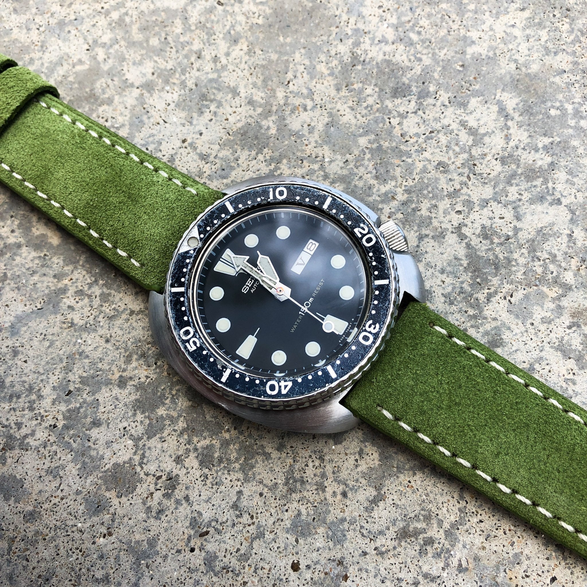 Slime Green Suede w/ White Stitches | Calfskin Italian Leather Watch Strap - Samurai Vintage Co.