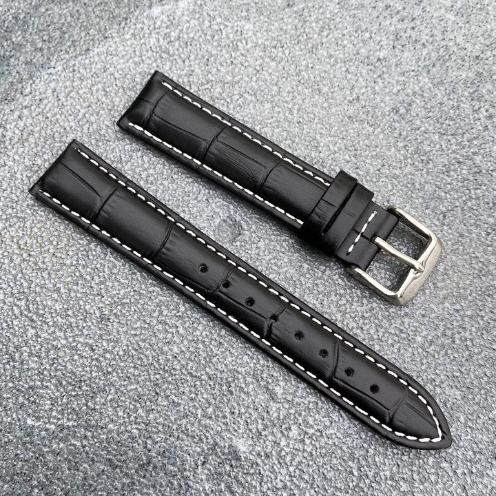 18mm/20mm Black Handcraft Alligator-embossed Italian Cowhide Leather Watch Strap w/White Stitching - Samurai Vintage Co.