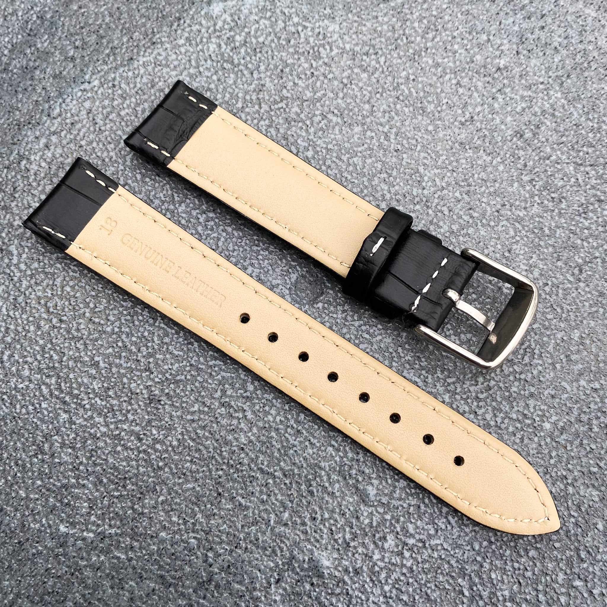 18mm/20mm Black Handcraft Alligator-embossed Italian Cowhide Leather Watch Strap w/White Stitching - Samurai Vintage Co.