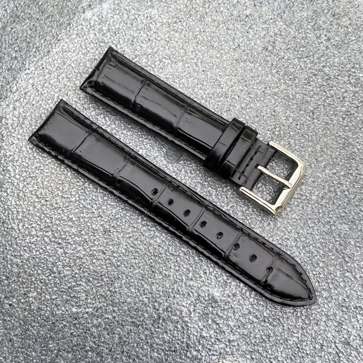 18mm/20mm Black Handcraft Shiny Alligator-embossed Italian Cowhide Leather Watch Strap w/Black Stitching - Samurai Vintage Co.