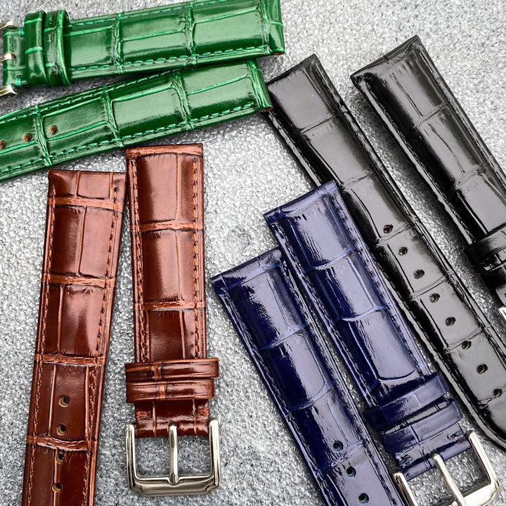 18mm/20mm Blue Handcraft Shiny Alligator-embossed Italian Cowhide Leather Watch Strap w/Blue Stitching - Samurai Vintage Co.