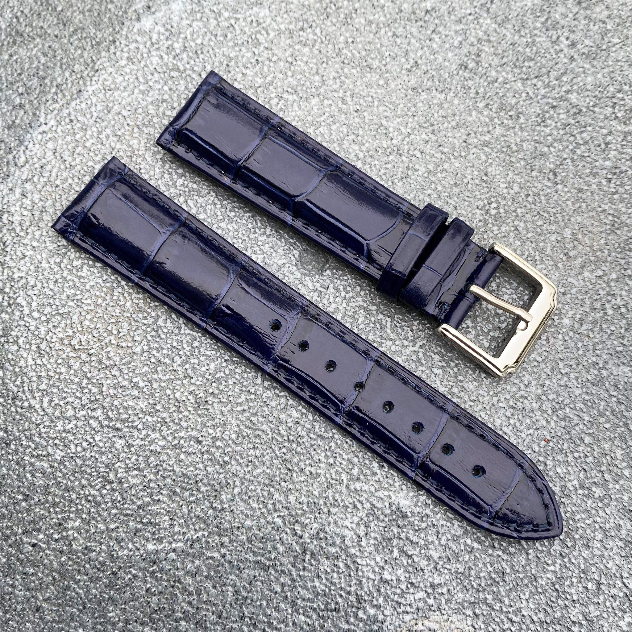 18mm/20mm Blue Handcraft Shiny Alligator-embossed Italian Cowhide Leather Watch Strap w/Blue Stitching - Samurai Vintage Co.