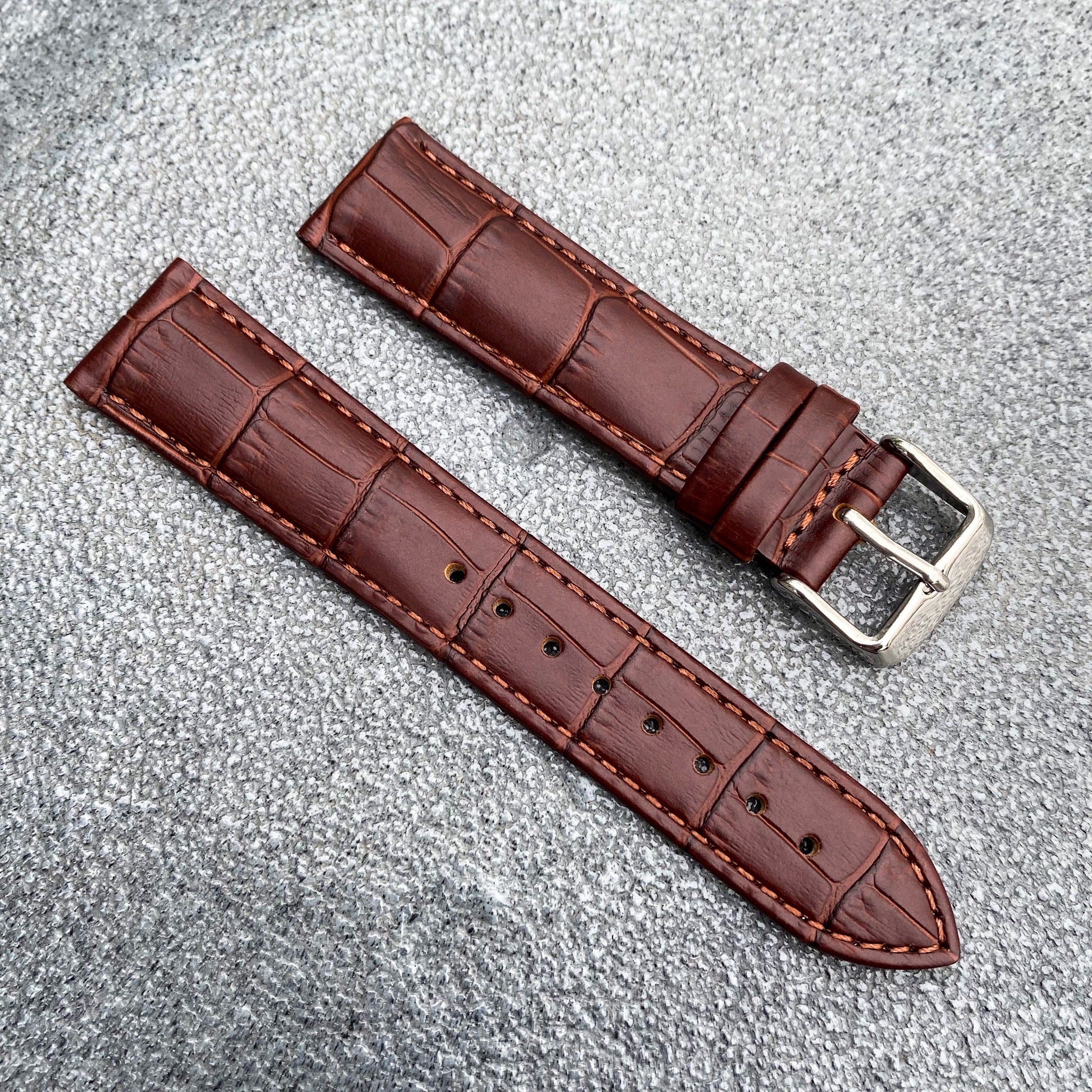 18mm/20mm Brown Handcraft Alligator-embossed Italian Cowhide Leather Watch Strap w/Brown Stitching - Samurai Vintage Co.