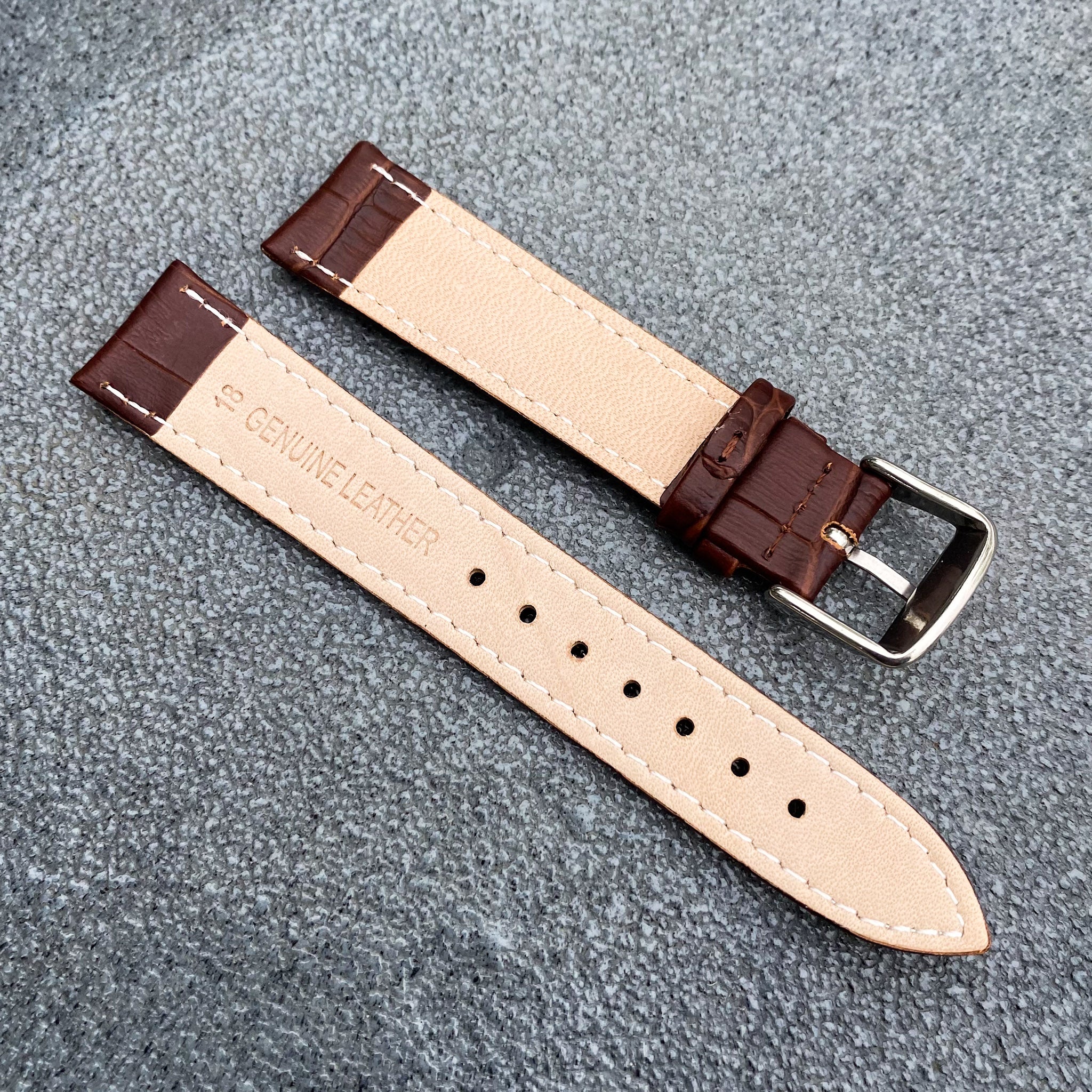 18mm/20mm Brown Handcraft Alligator-embossed Italian Cowhide Leather Watch Strap w/White Stitching - Samurai Vintage Co.