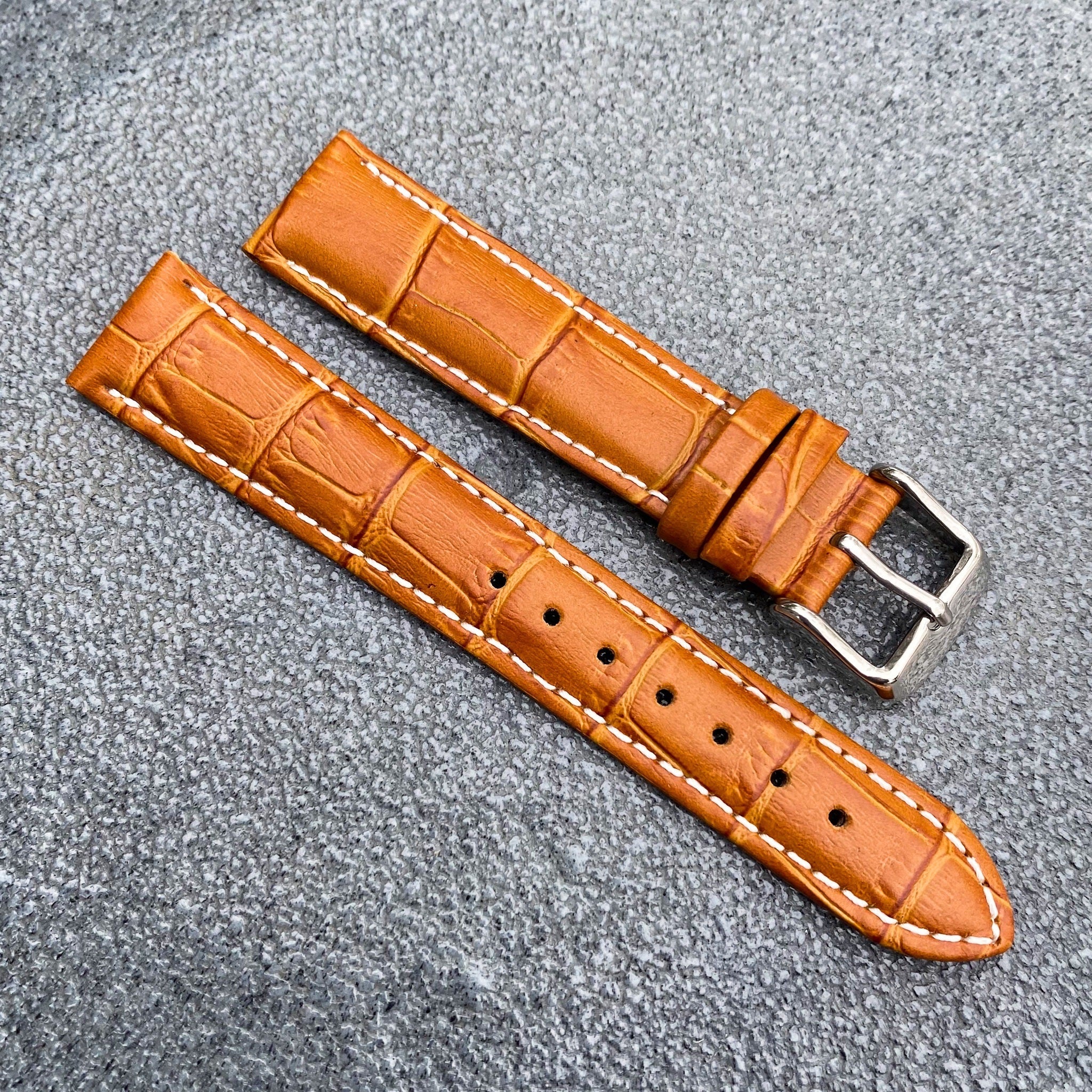 18mm/20mm Orange Handcraft Alligator-embossed Italian Cowhide Leather Watch Strap w/White Stitching - Samurai Vintage Co.