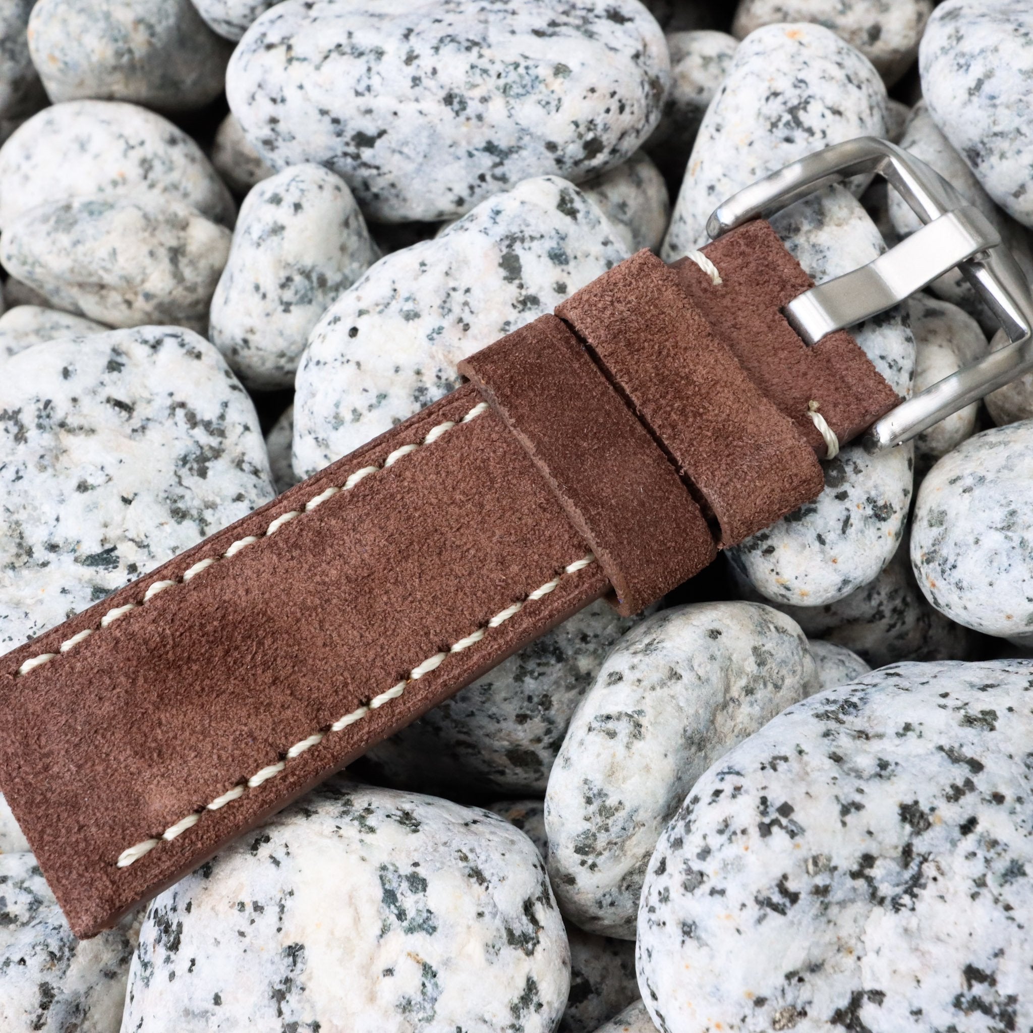 Mocha Brown Suede w/ White Stitches | Calfskin Italian Leather Watch Strap