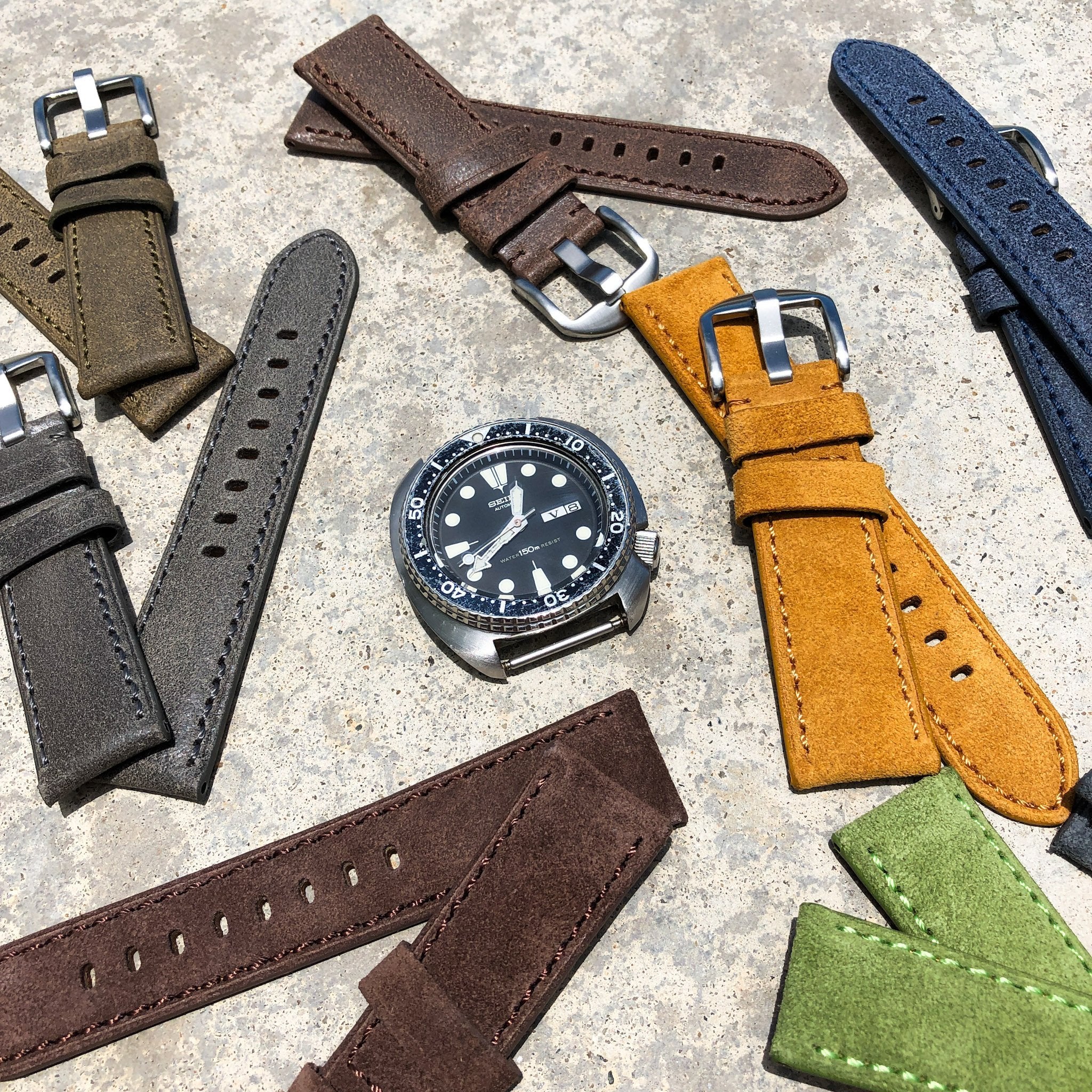 Slime Green Suede w/ White Stitches | Calfskin Italian Leather Watch Strap