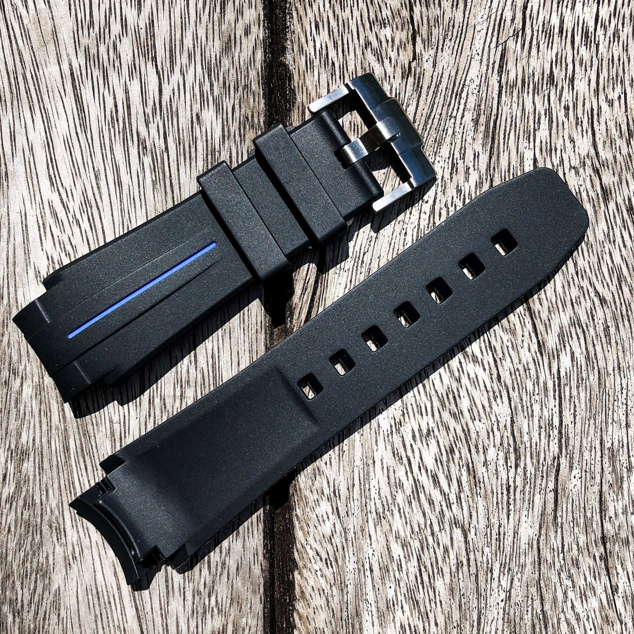 Aqua Series | Black with Blue Line Rubber Watch Strap For Rolex Deepsea with Curved End - Samurai Vintage Co.