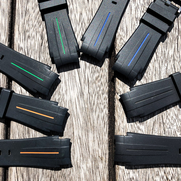 Aqua Series | Black with Green Line Rubber Watch Strap For Rolex Deepsea with Curved End - Samurai Vintage Co.