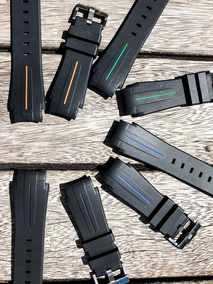 Aqua Series | Black with Green Line Rubber Watch Strap For Rolex Deepsea with Curved End - Samurai Vintage Co.