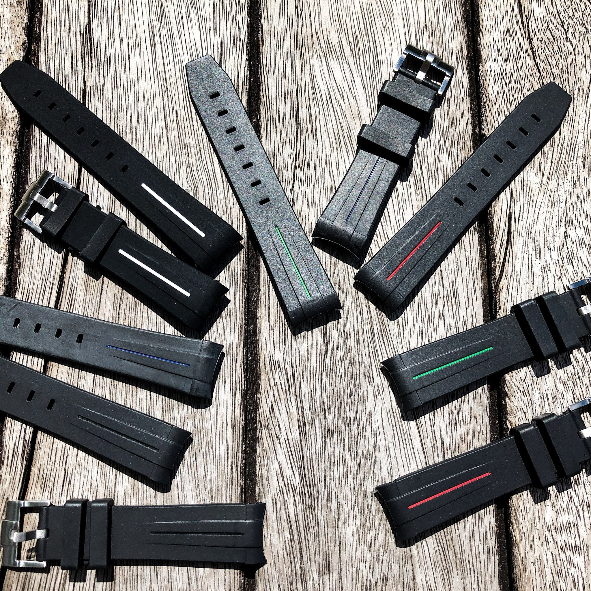 Aqua Series | Black with Green Line Rubber Watch Strap For Rolex with Curved End - Samurai Vintage Co.