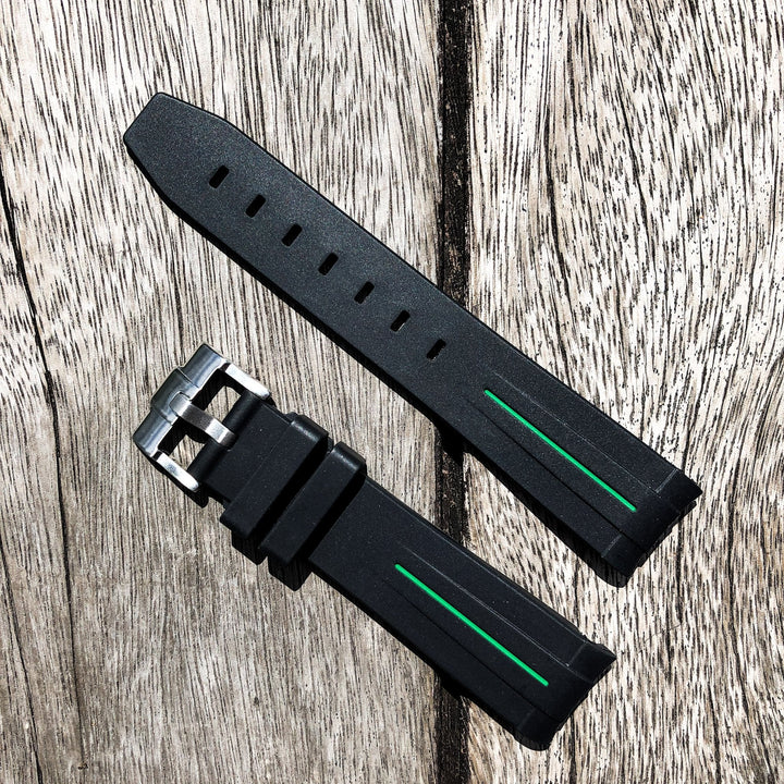 Aqua Series | Black with Green Line Rubber Watch Strap For Rolex with Curved End - Samurai Vintage Co.