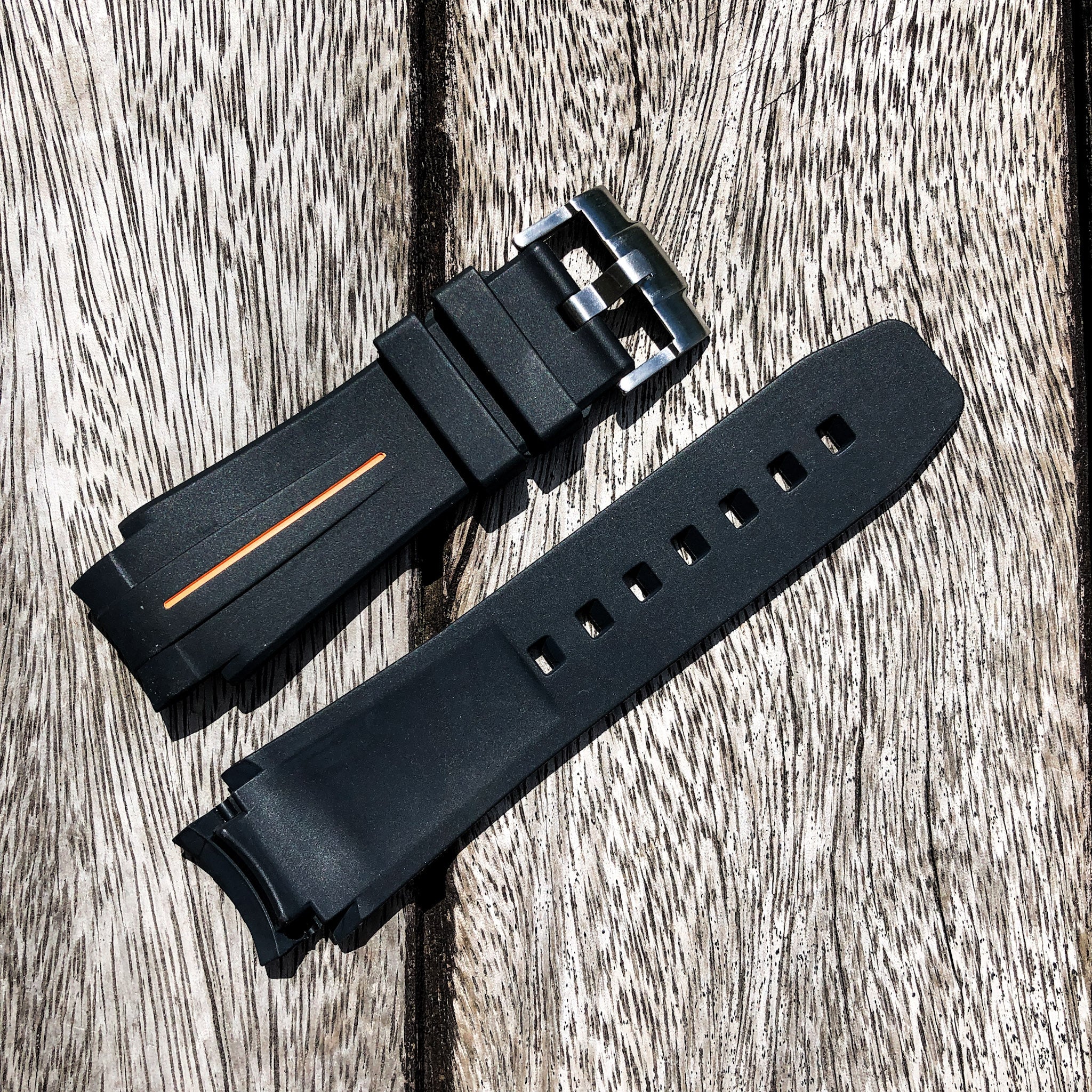 Aqua Series | Black with Orange Line Rubber Watch Strap For Rolex Deepsea with Curved End - Samurai Vintage Co.