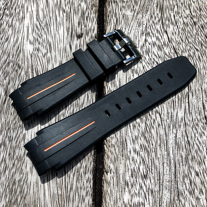 Aqua Series | Black with Orange Line Rubber Watch Strap For Rolex Deepsea with Curved End - Samurai Vintage Co.
