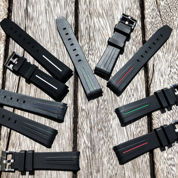 Aqua Series | Black with Red Line Rubber Watch Strap For Rolex with Curved End - Samurai Vintage Co.