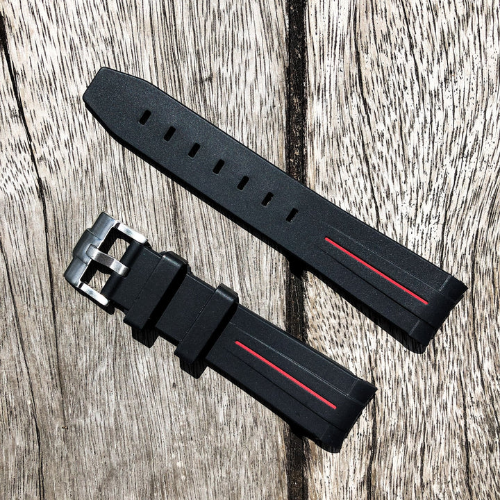 Aqua Series | Black with Red Line Rubber Watch Strap For Rolex with Curved End - Samurai Vintage Co.