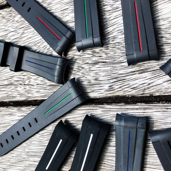Aqua Series | Black with White Line Rubber Watch Strap For Rolex with Curved End - Samurai Vintage Co.