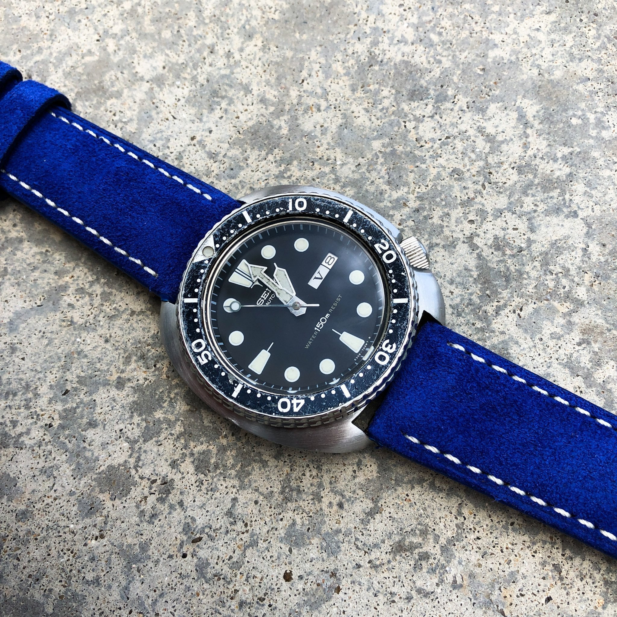 Cobalt Blue Suede w/ White Stitches | Calfskin Italian Leather Watch Strap - Samurai Vintage Co.