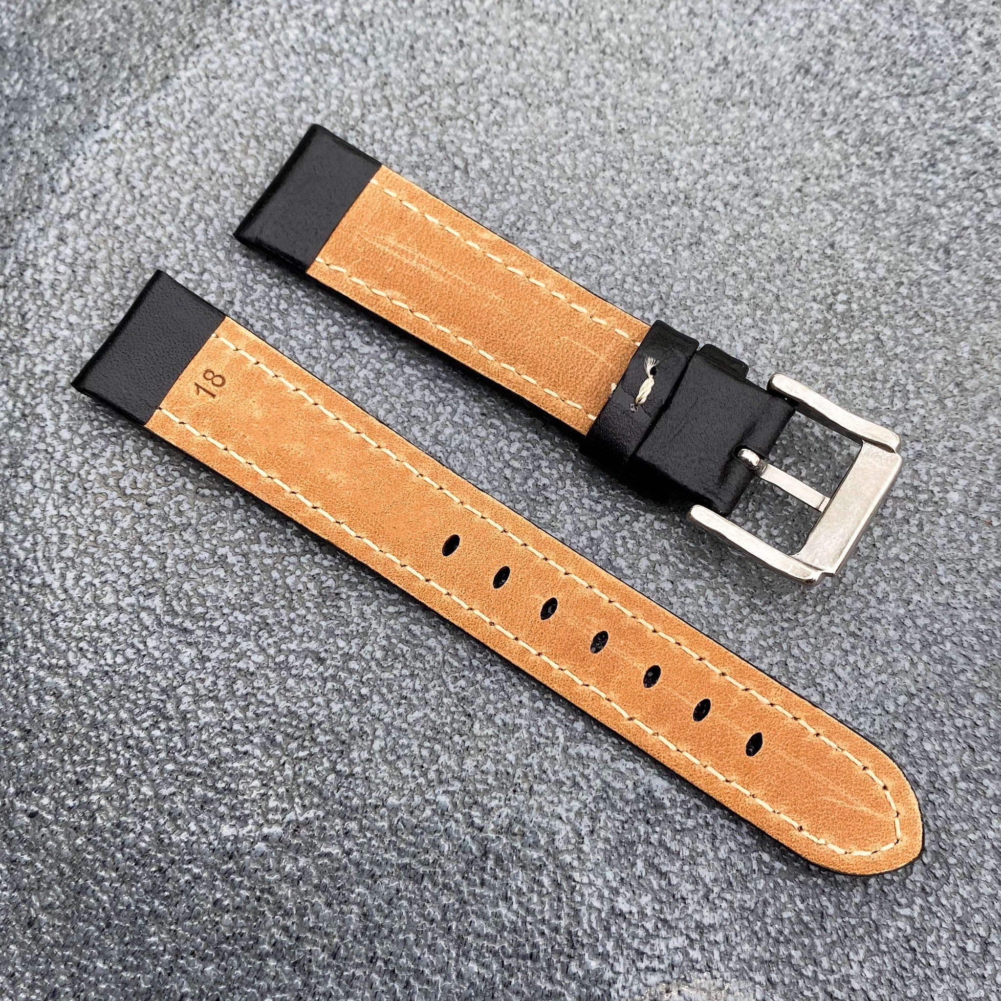 (Kyoto Series) 18mm/20mm/22mm Black Handcraft French Calfskin Leather Watch Strap w/White Stitching - Samurai Vintage Co.
