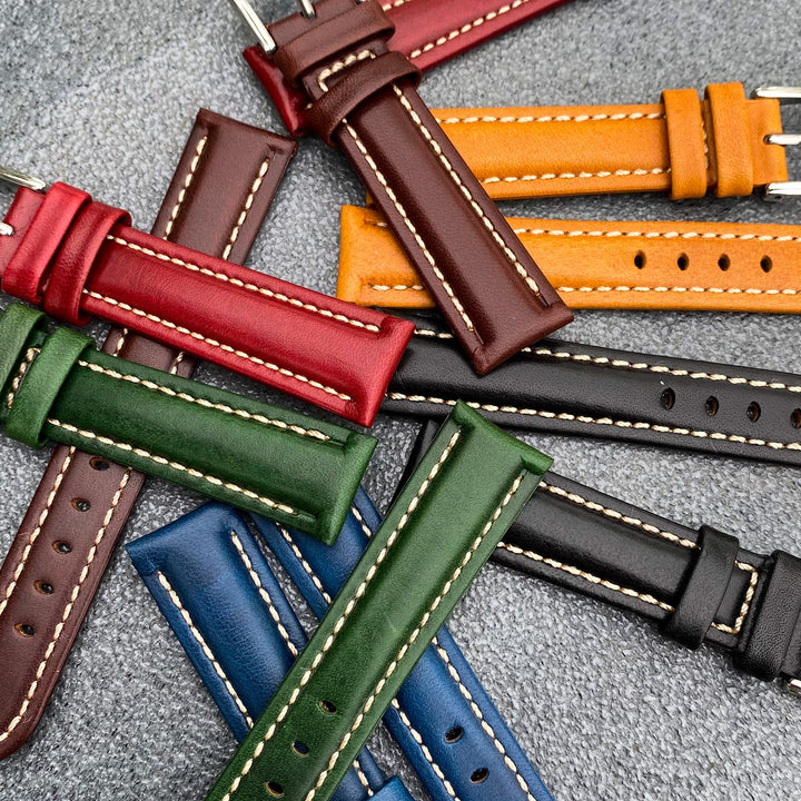 (Kyoto Series) 18mm/20mm/22mm Black Handcraft French Calfskin Leather Watch Strap w/White Stitching - Samurai Vintage Co.