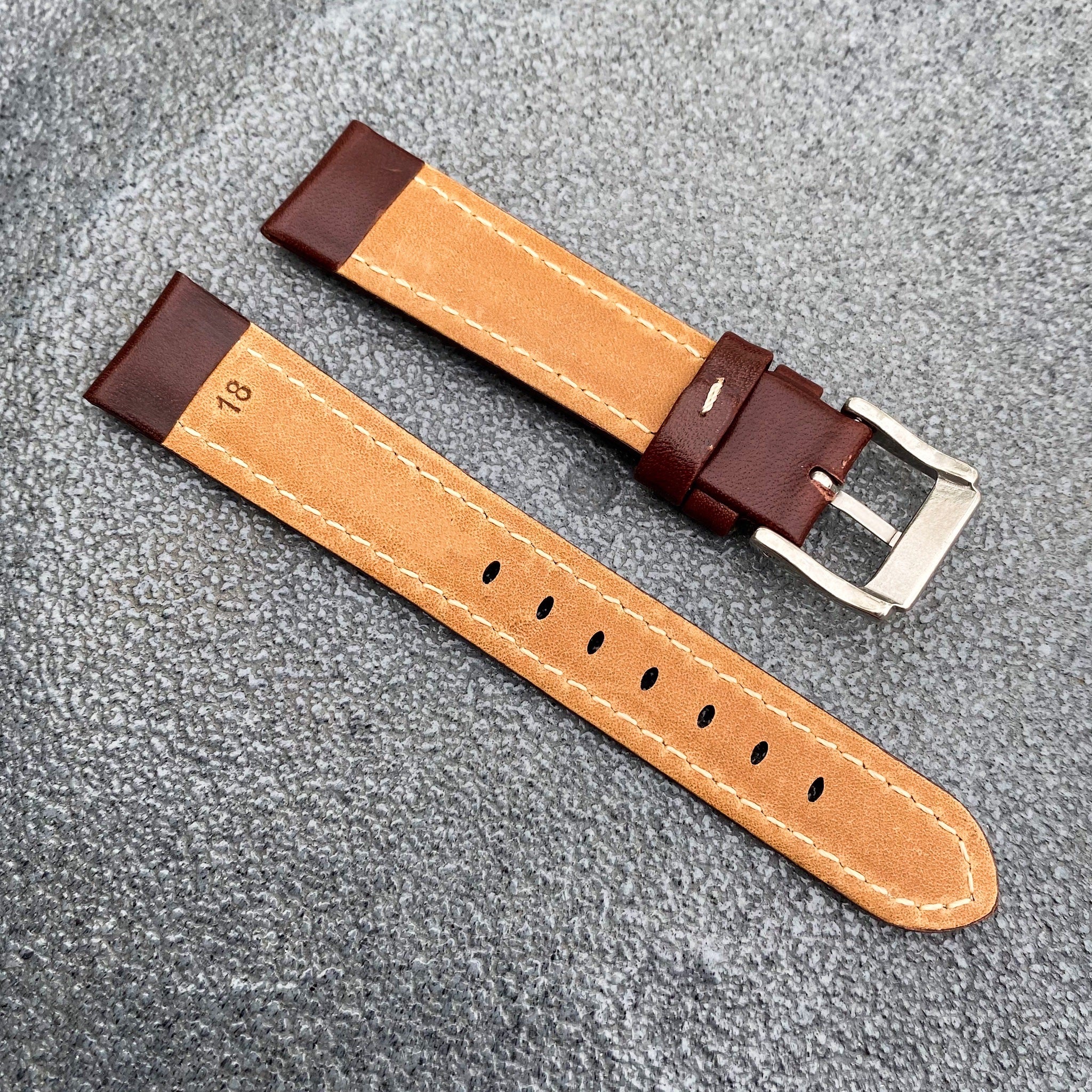 (Kyoto Series) 18mm/20mm/22mm Brown Handcraft French Calfskin Leather Watch Strap w/White Stitching - Samurai Vintage Co.
