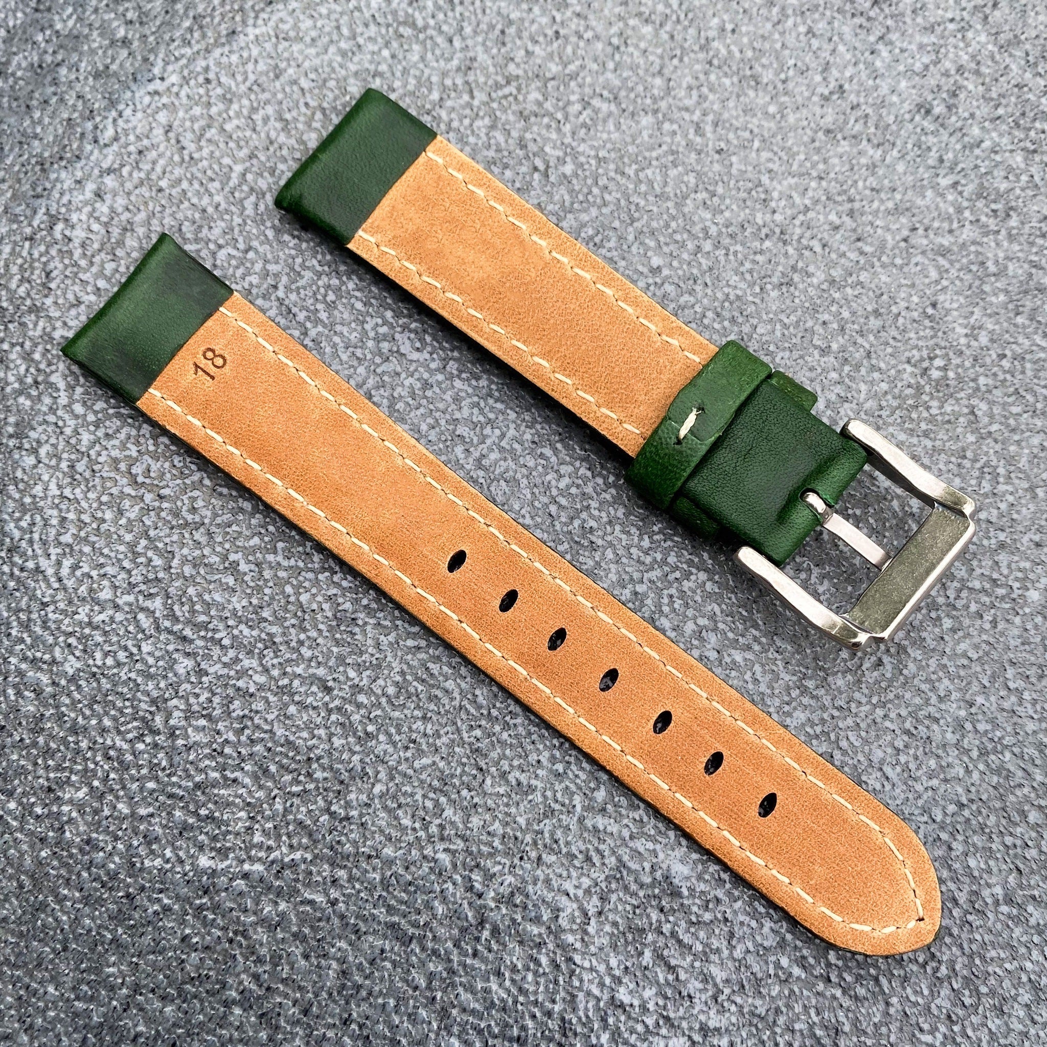 (Kyoto Series) 18mm/20mm/22mm Green Handcraft French Calfskin Leather Watch Strap w/White Stitching - Samurai Vintage Co.
