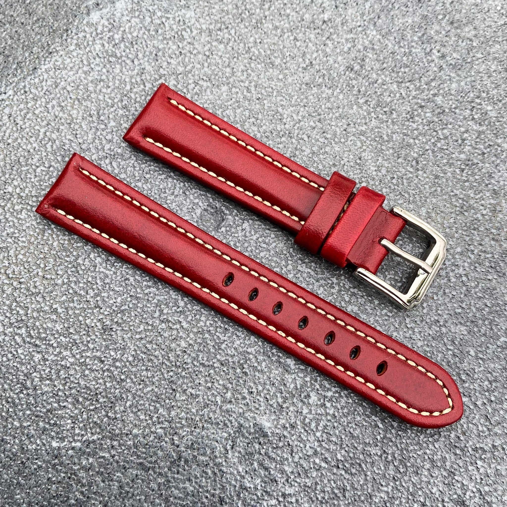 (Kyoto Series) 18mm/20mm/22mm Red Handcraft French Calfskin Leather Watch Strap w/White Stitching - Samurai Vintage Co.