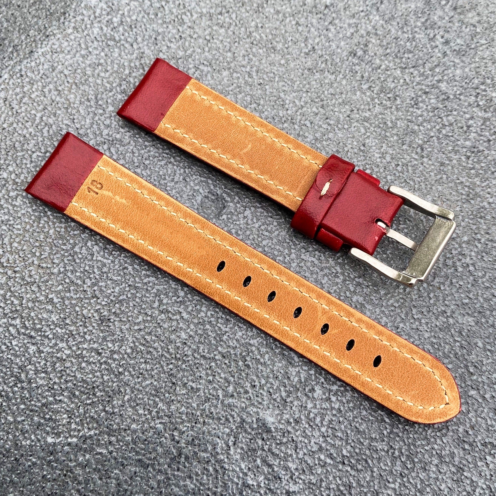 (Kyoto Series) 18mm/20mm/22mm Red Handcraft French Calfskin Leather Watch Strap w/White Stitching - Samurai Vintage Co.