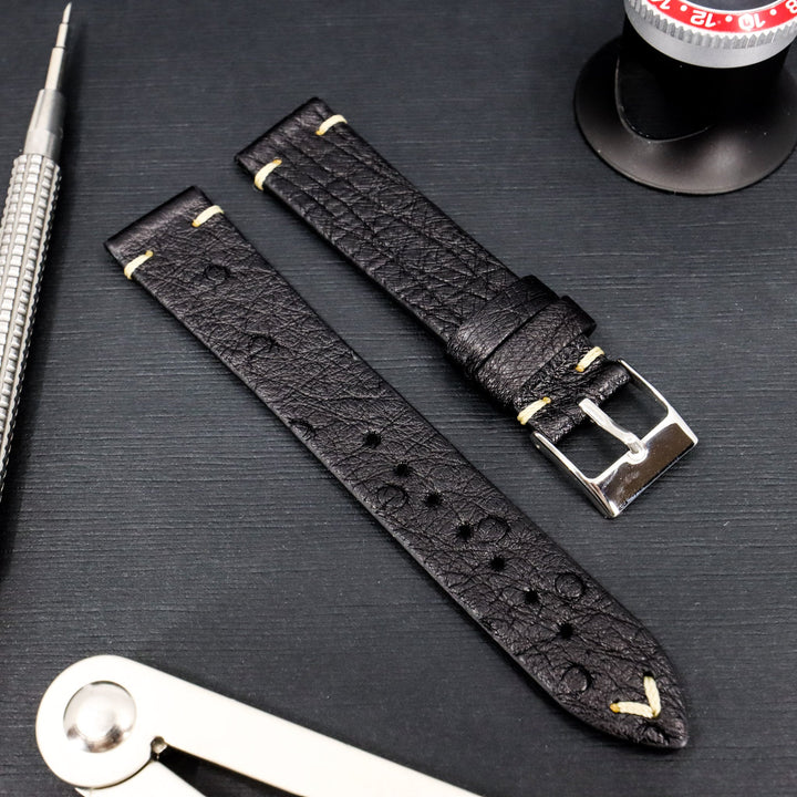 Mid Night Black | 18mm & 20mm Ostrich Leather Watch Strap - Samurai Vintage Co.