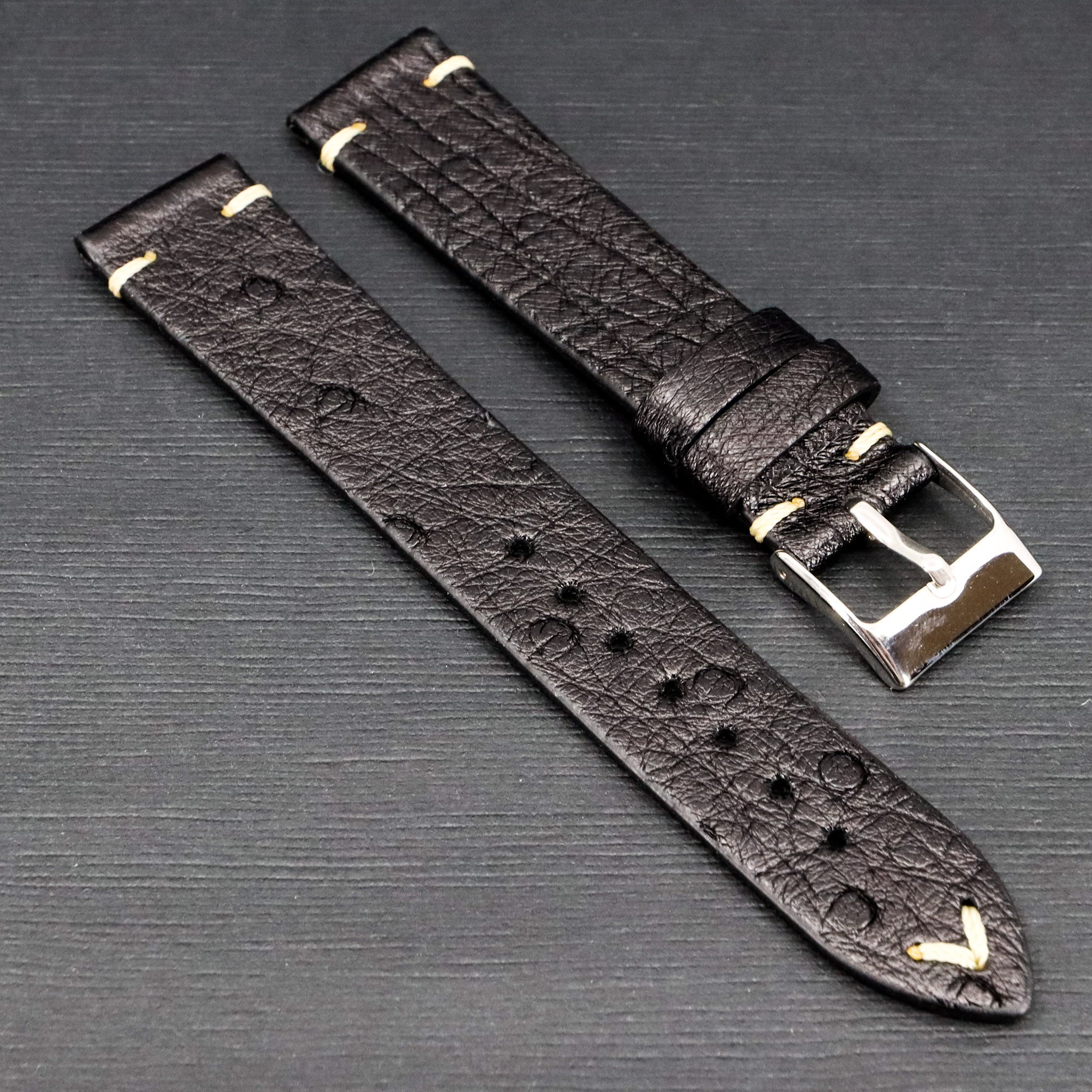 Mid Night Black | 18mm & 20mm Ostrich Leather Watch Strap - Samurai Vintage Co.