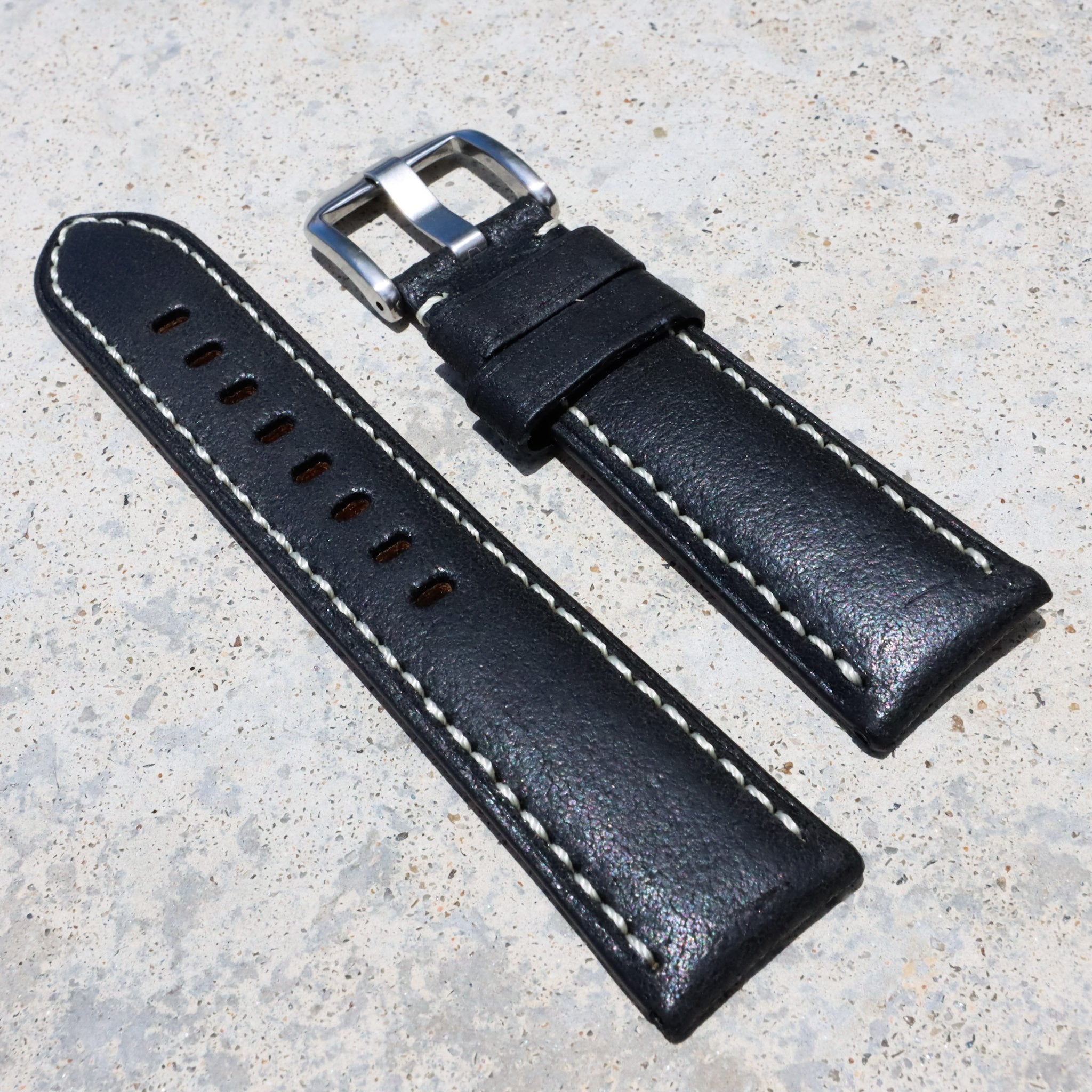 Mid NIght Black w/ White Stitches | Calfskin Italian Leather Watch Strap - Samurai Vintage Co.
