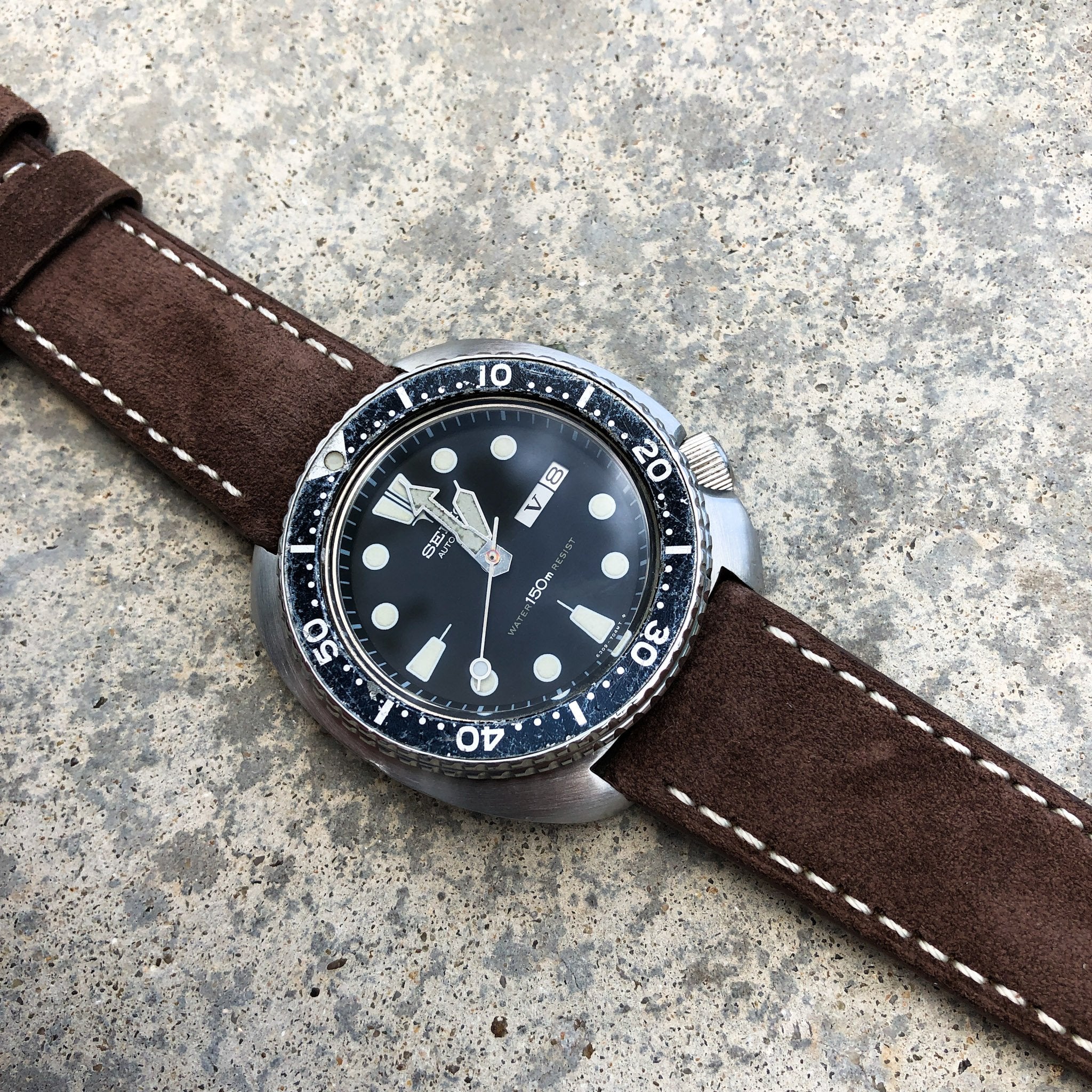 Mocha Brown Suede w/ White Stitches | Calfskin Italian Leather Watch Strap - Samurai Vintage Co.